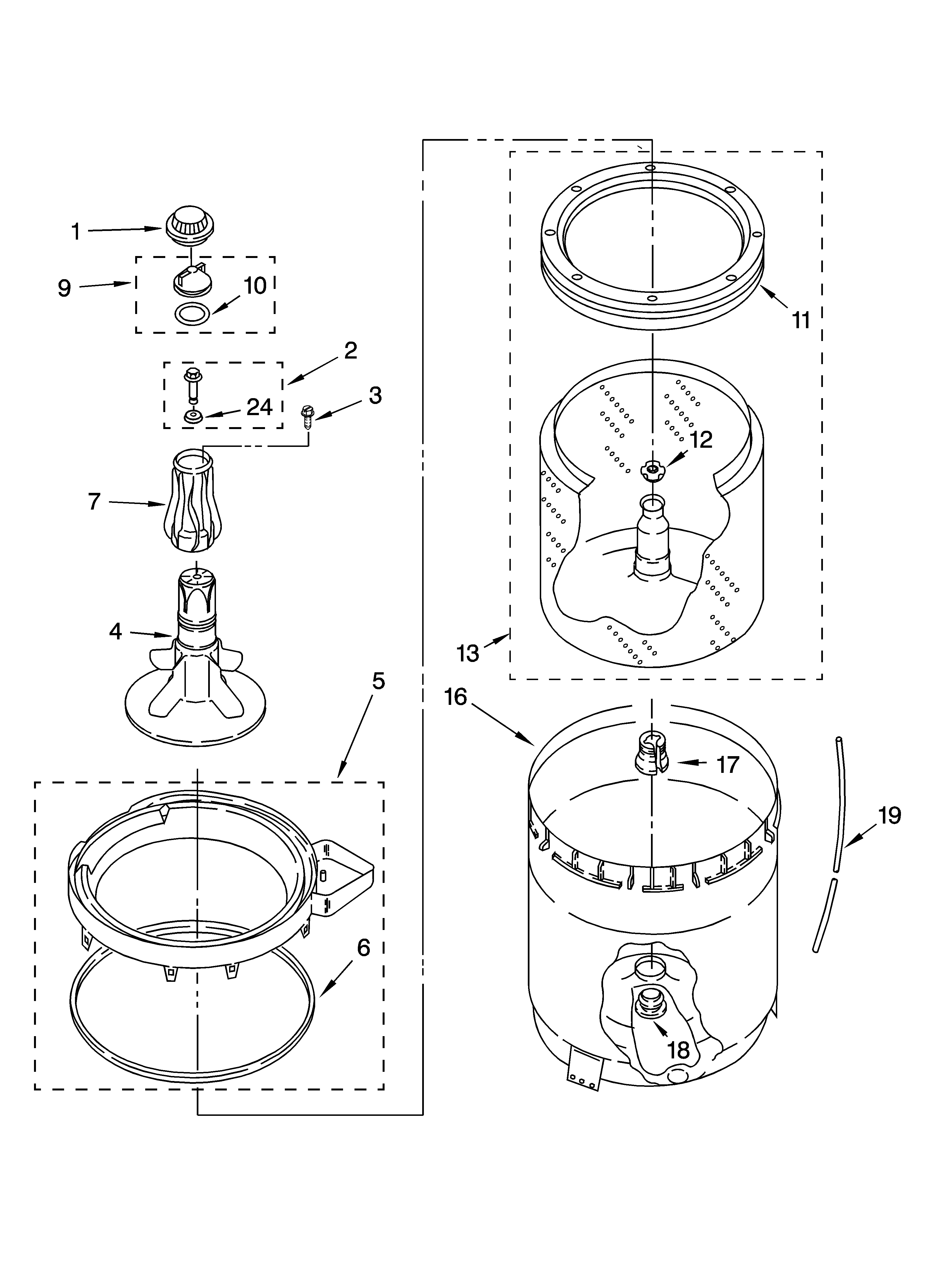 Inglis IM46000 agitator, basket and tub parts diagram