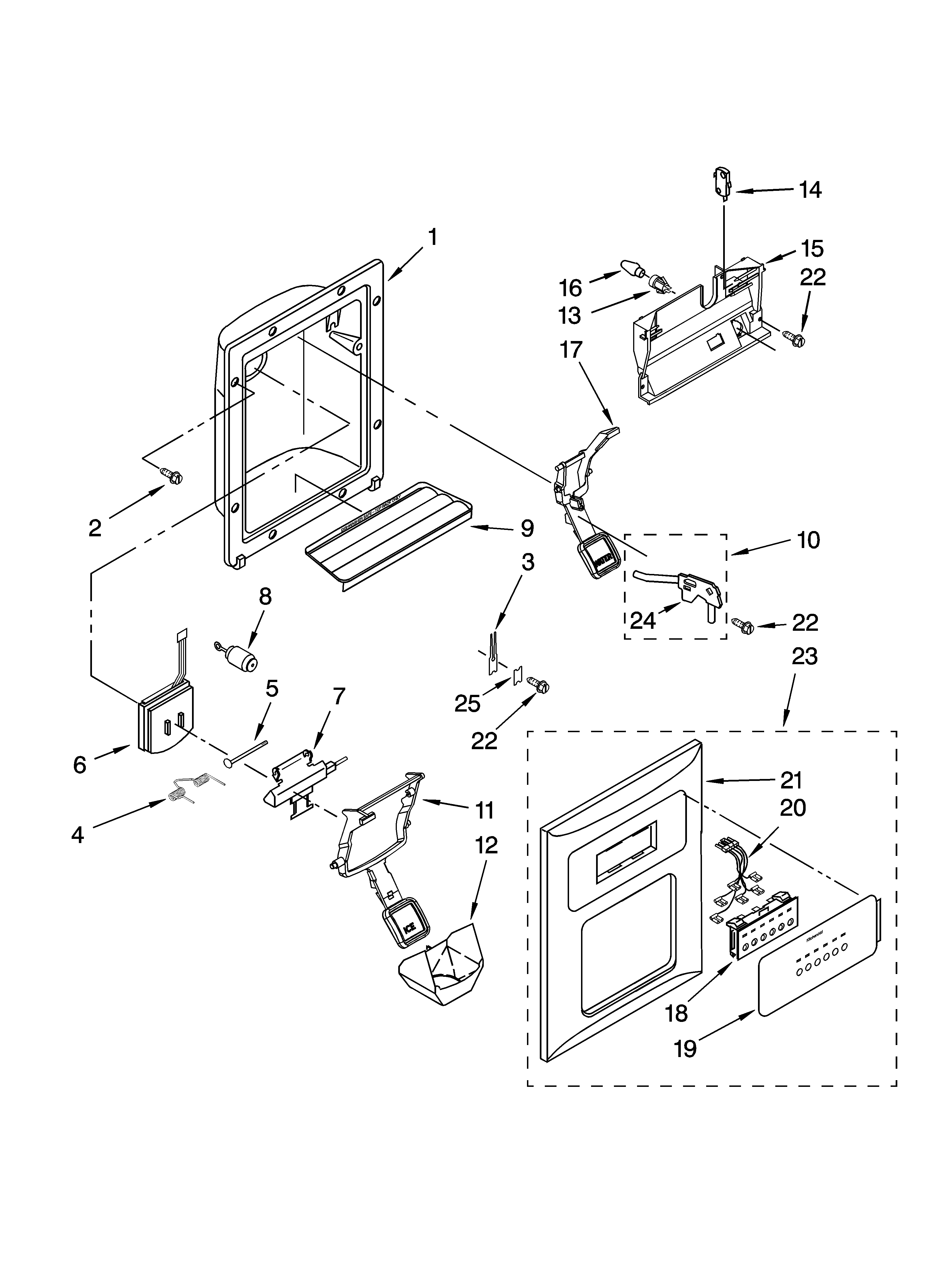 KitchenAid KSRD22FTST01 dispenser front parts diagram