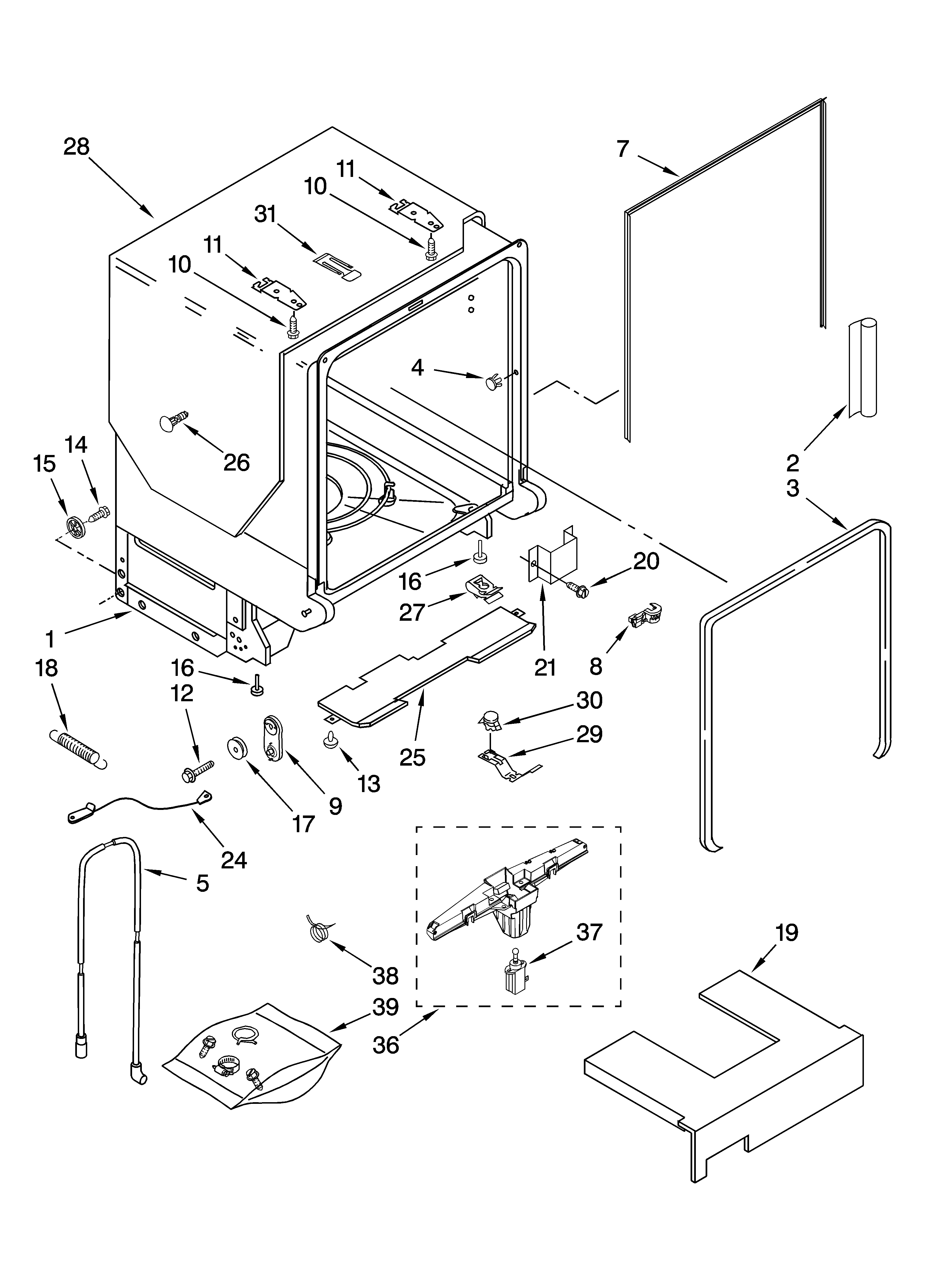 KitchenAid KUDS03FSBL4 tub and frame parts diagram