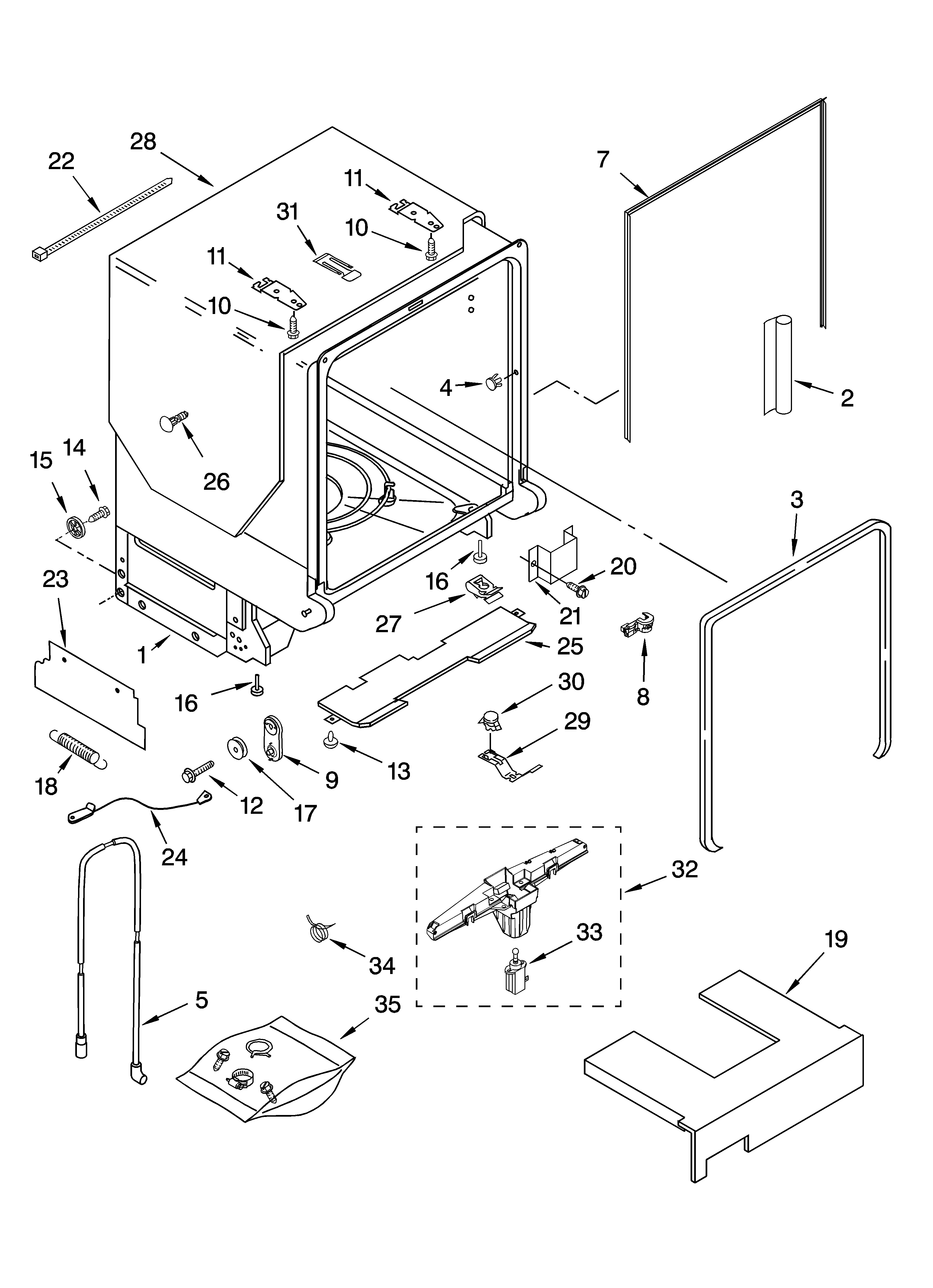 KitchenAid KUDU02FRWH4 tub and frame parts diagram