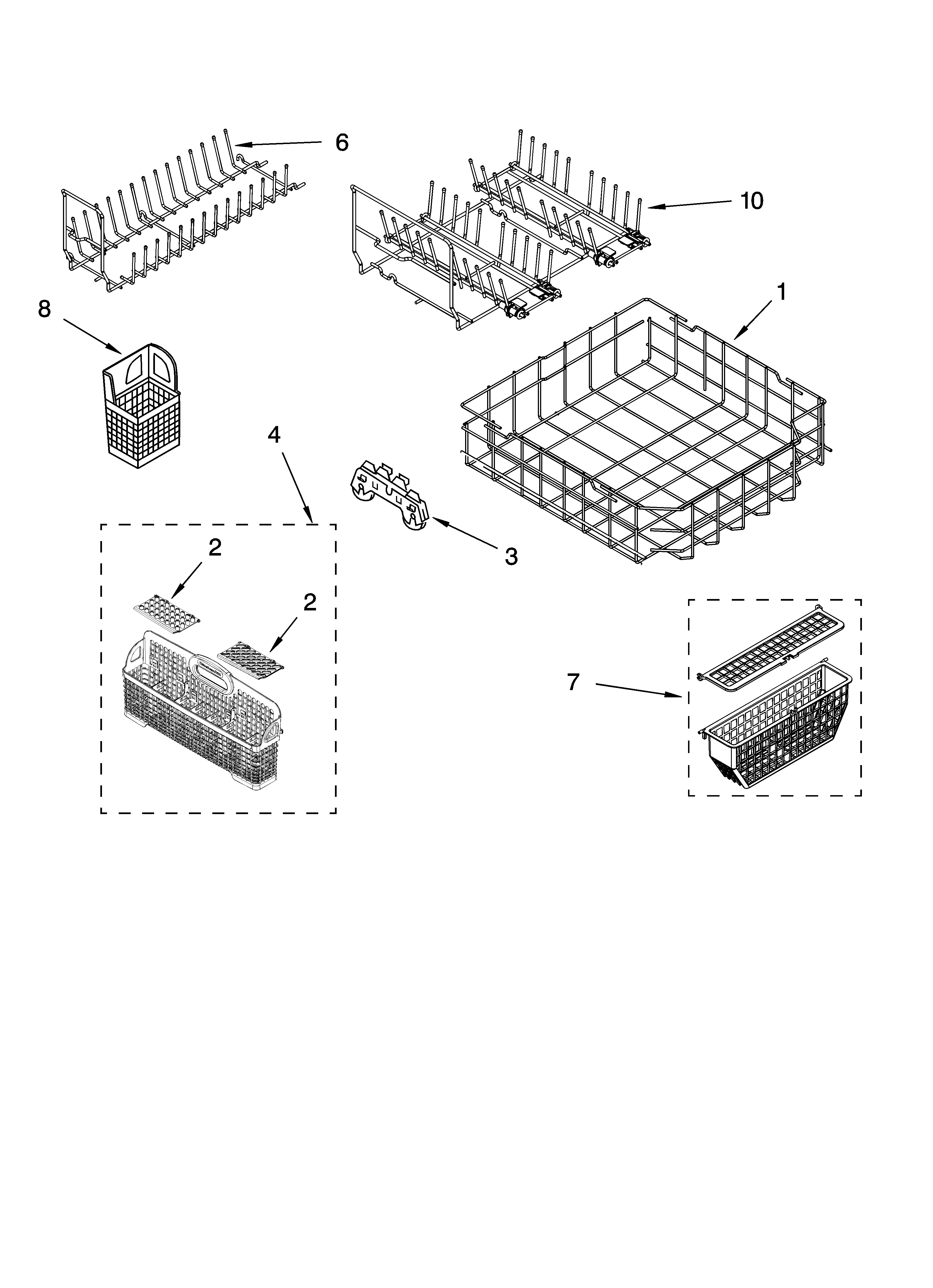 KitchenAid KUDW02FRWH3 lower rack parts, optional parts (not included) diagram