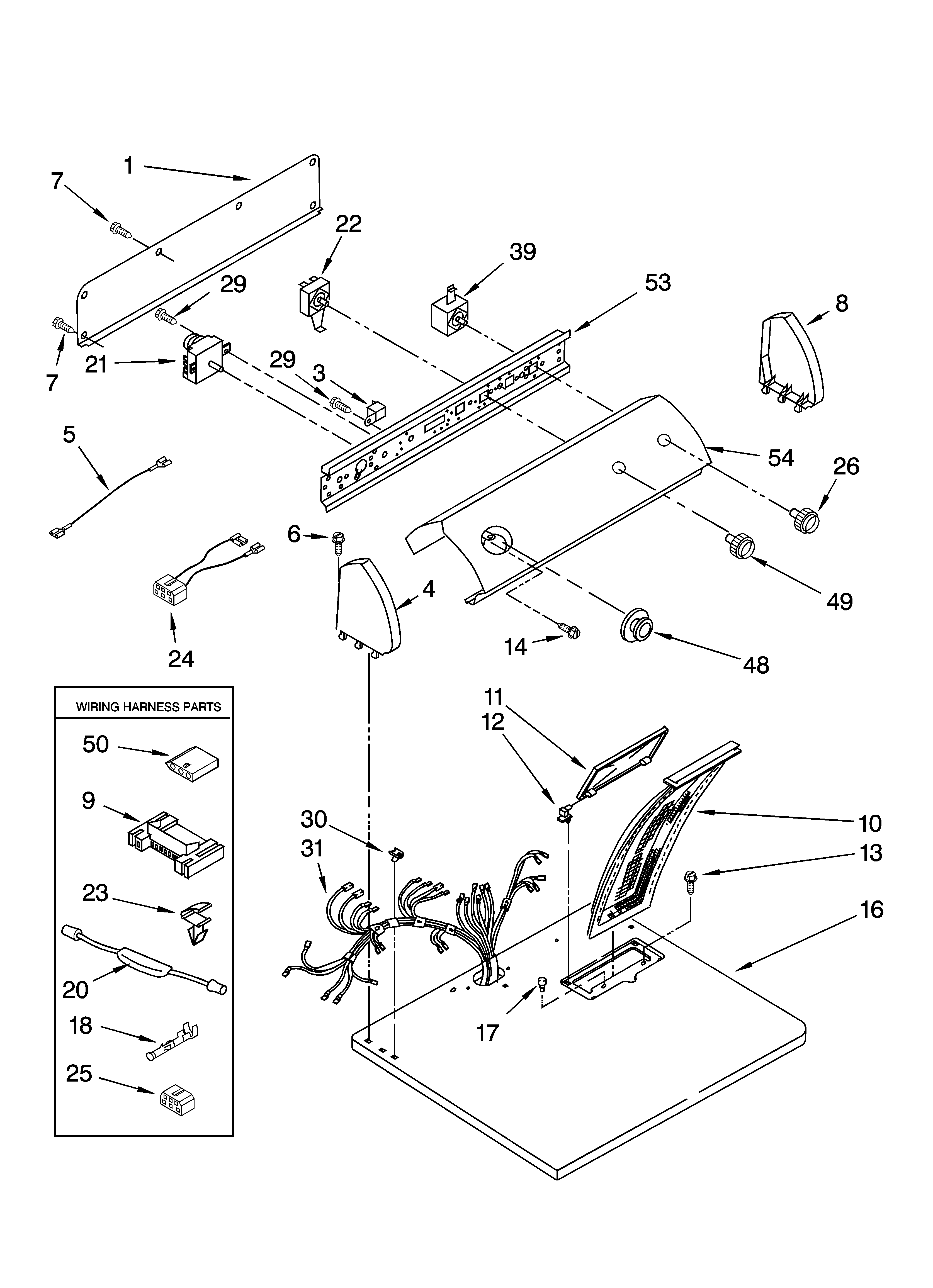 Whirlpool YLEQ5000KQ0 top and console parts diagram