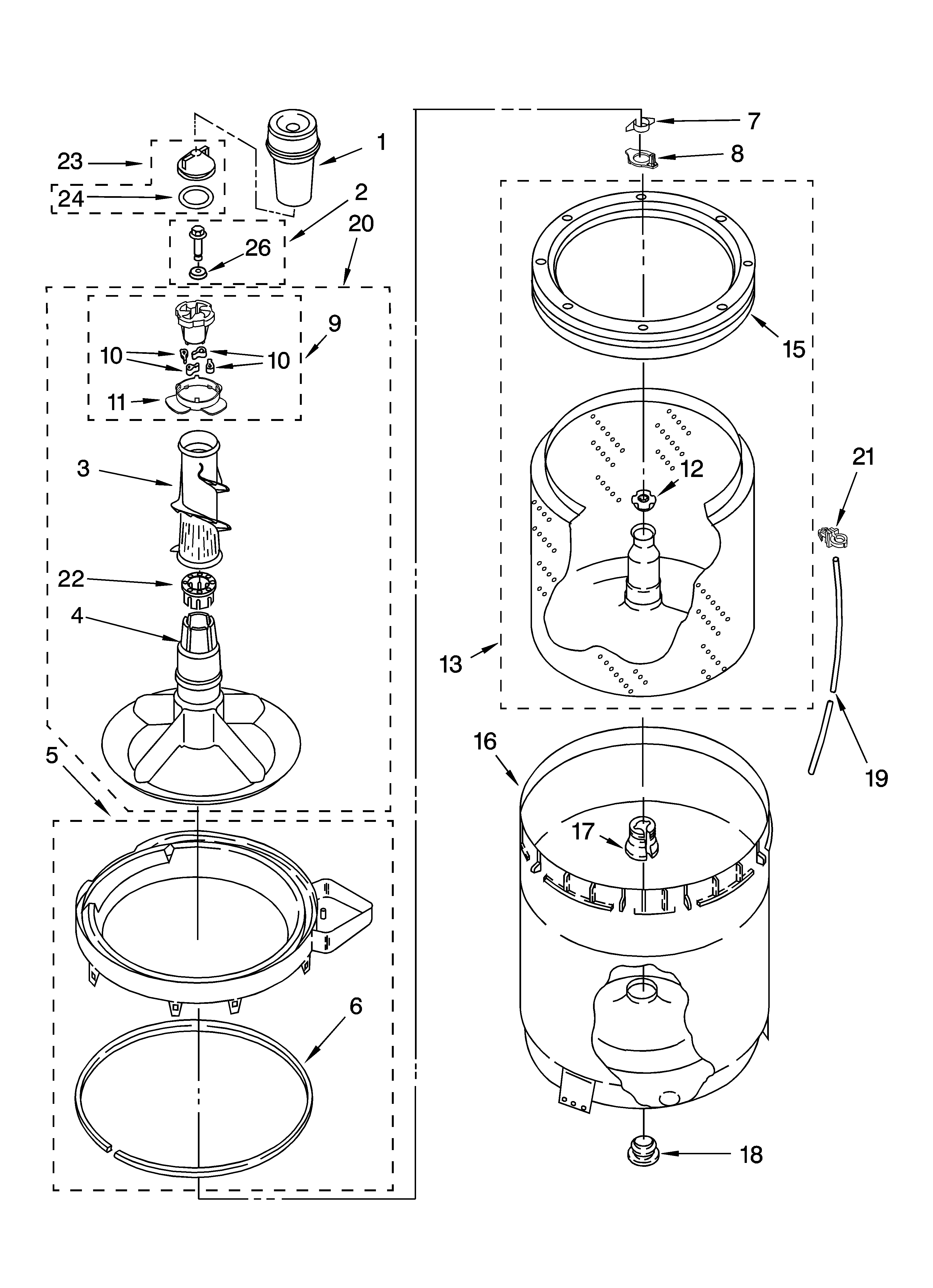 Inglis IP42003 agitator, basket and tub parts diagram