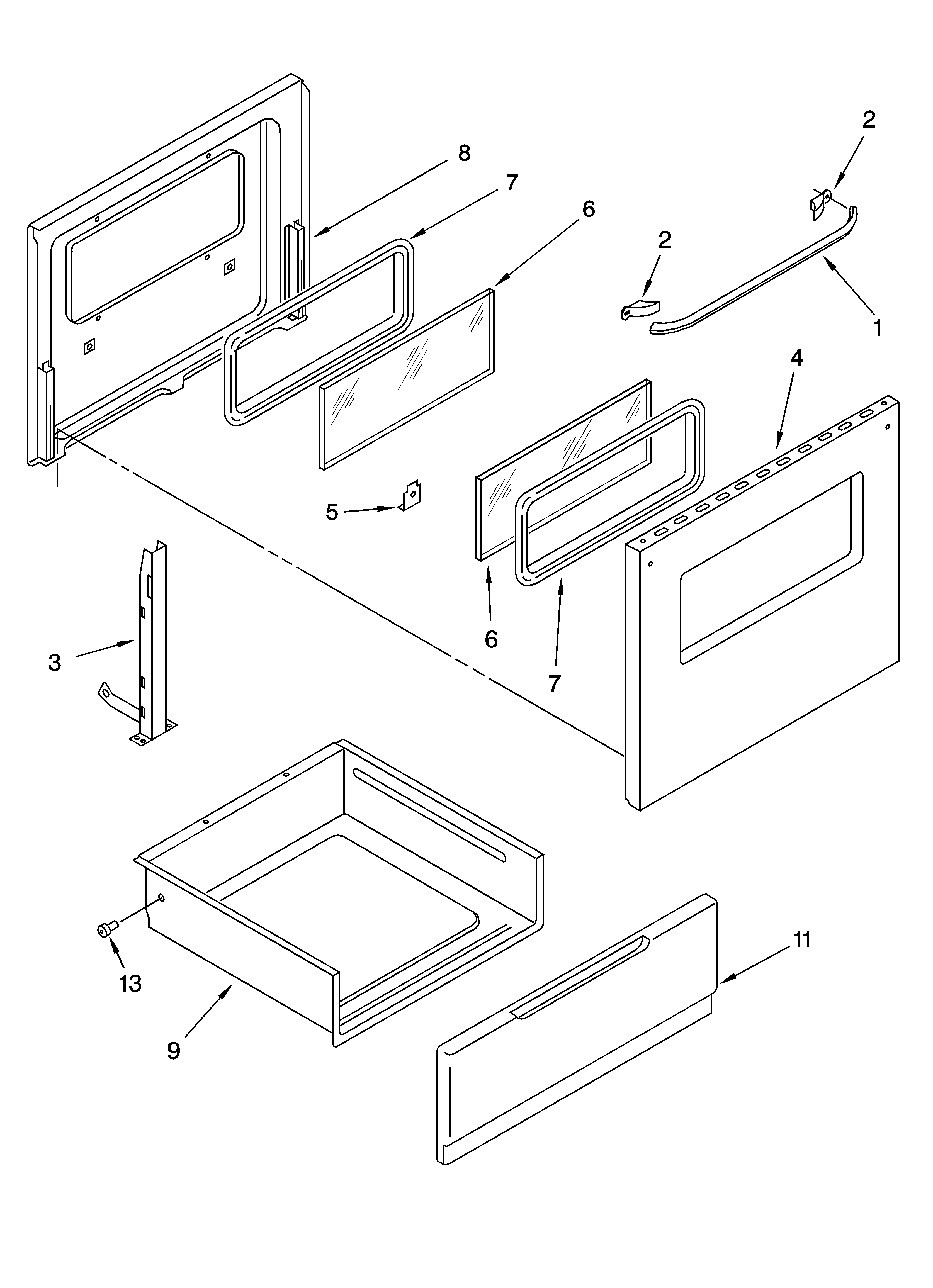 Roper RGE23001 door and drawer parts diagram