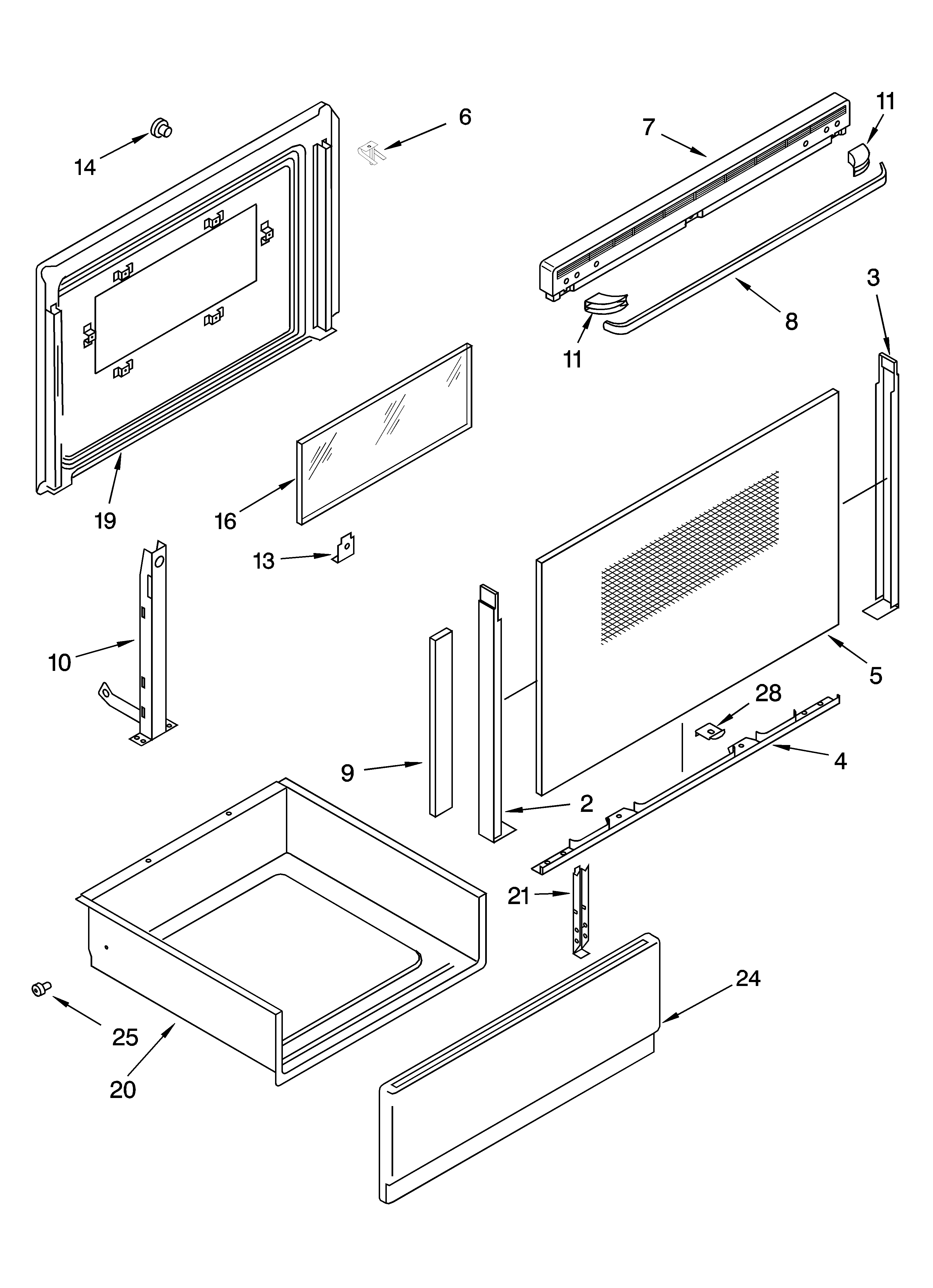 Roper RGE33081 door and drawer parts diagram