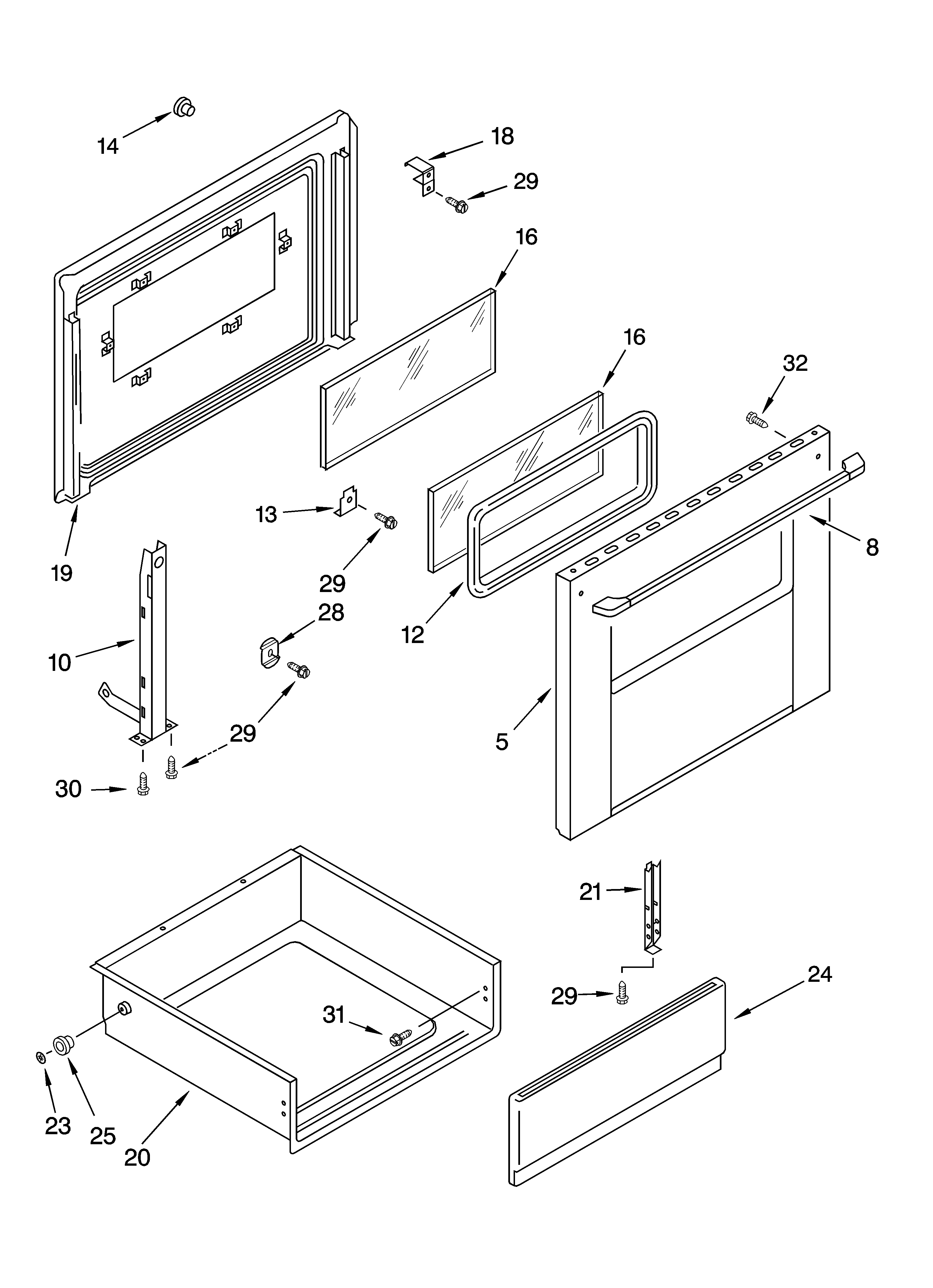 Whirlpool WGE30302 door and drawer parts diagram