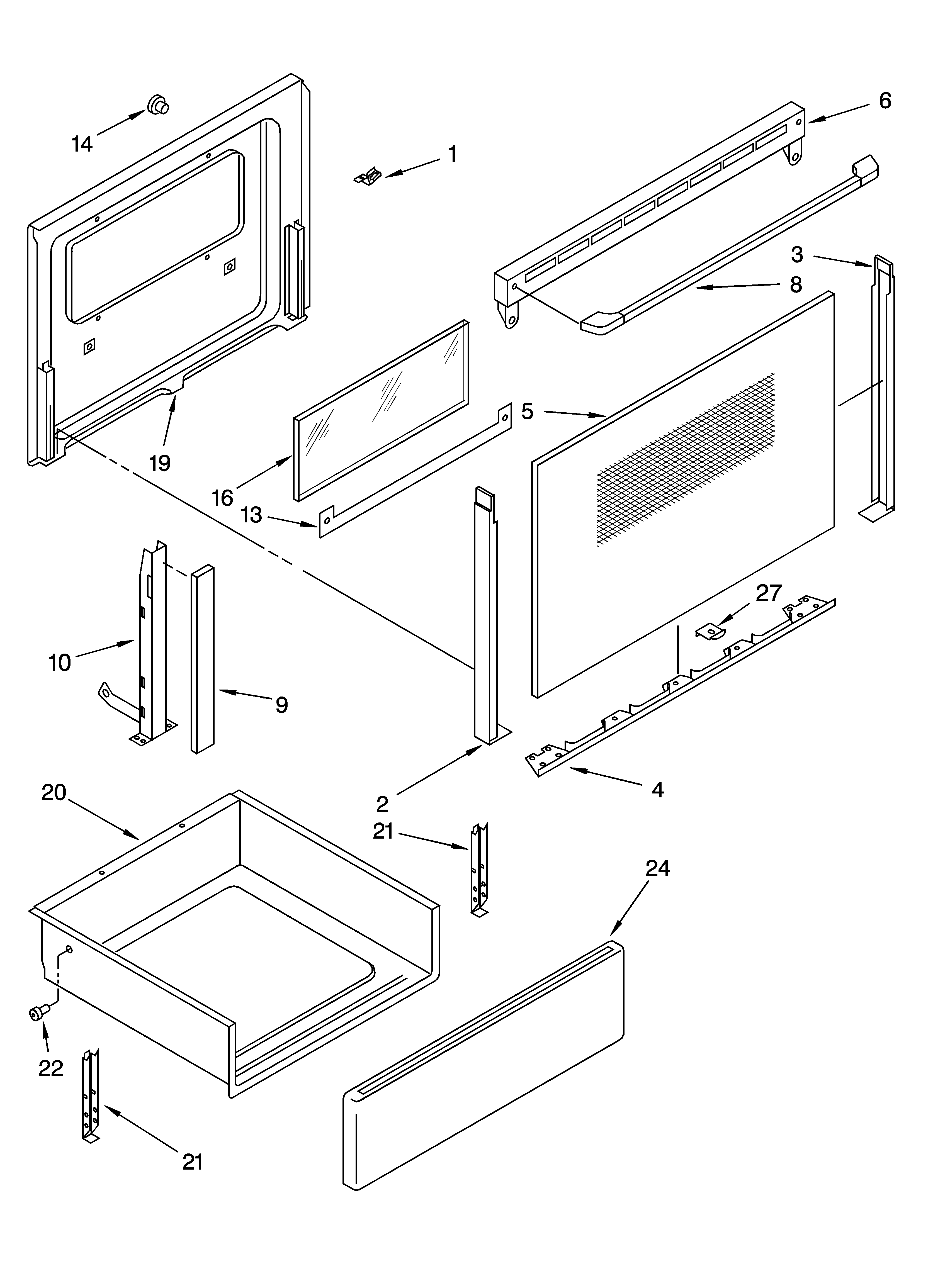 Whirlpool WGE33001 door and drawer parts diagram