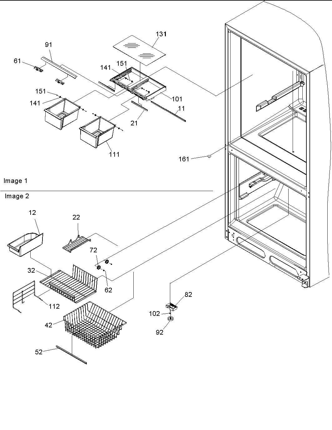 Amana BX518VE-P1324301WE crisper assy & freezer feature assy diagram