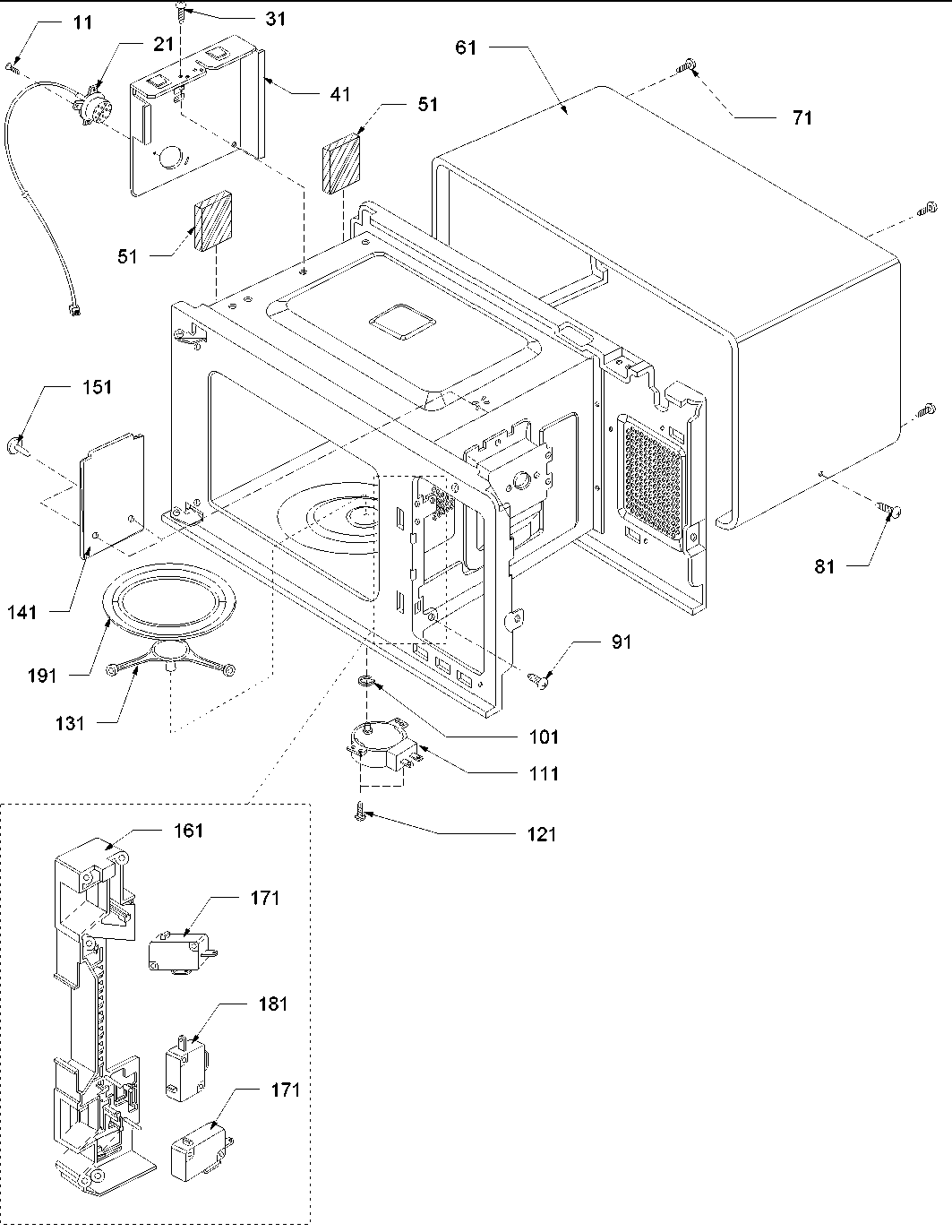 Amana F1961SS-P1323110M oven cavity & latch assembly parts diagram