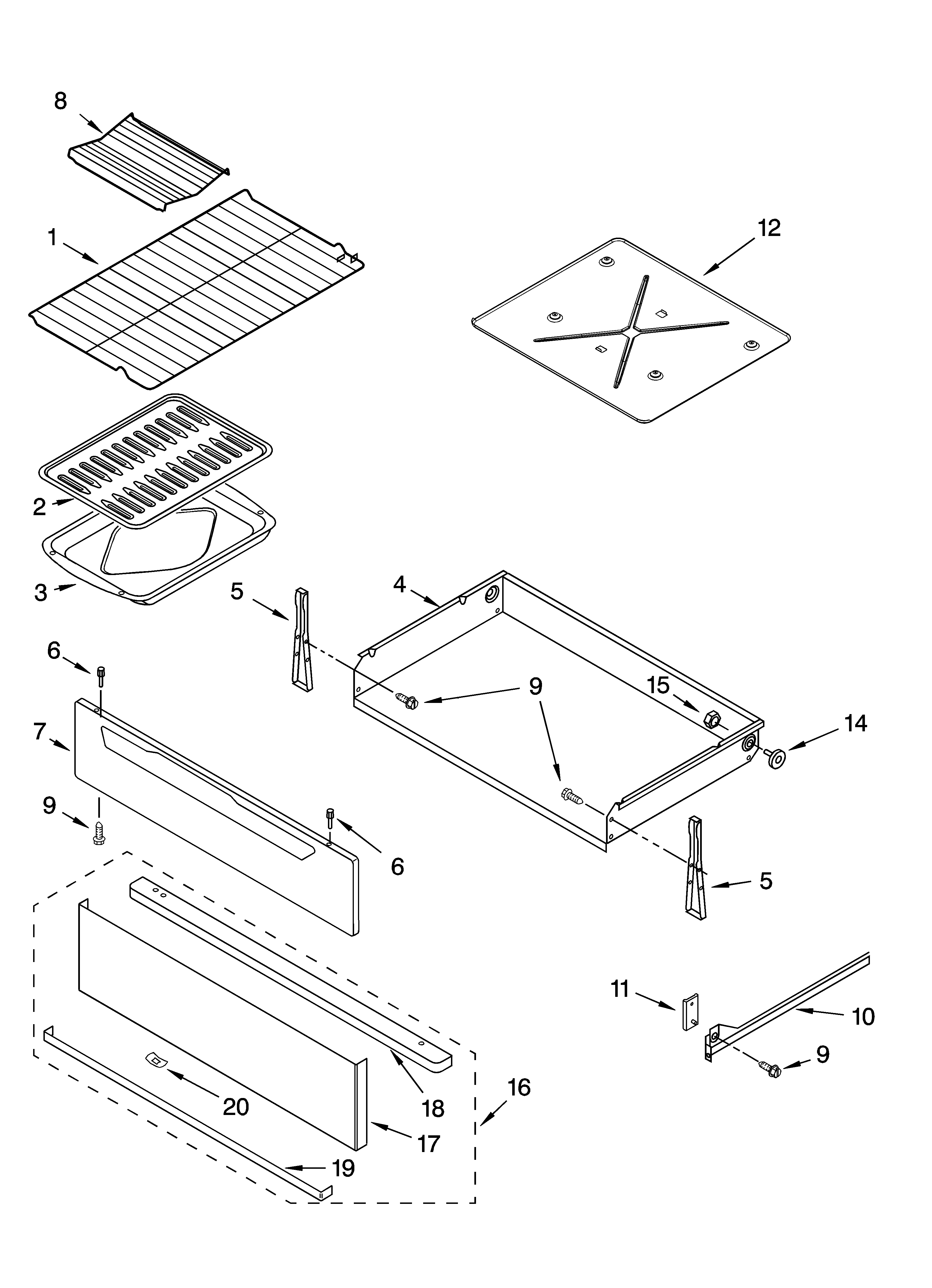 Whirlpool GERC4110PS0 drawer & broiler parts diagram