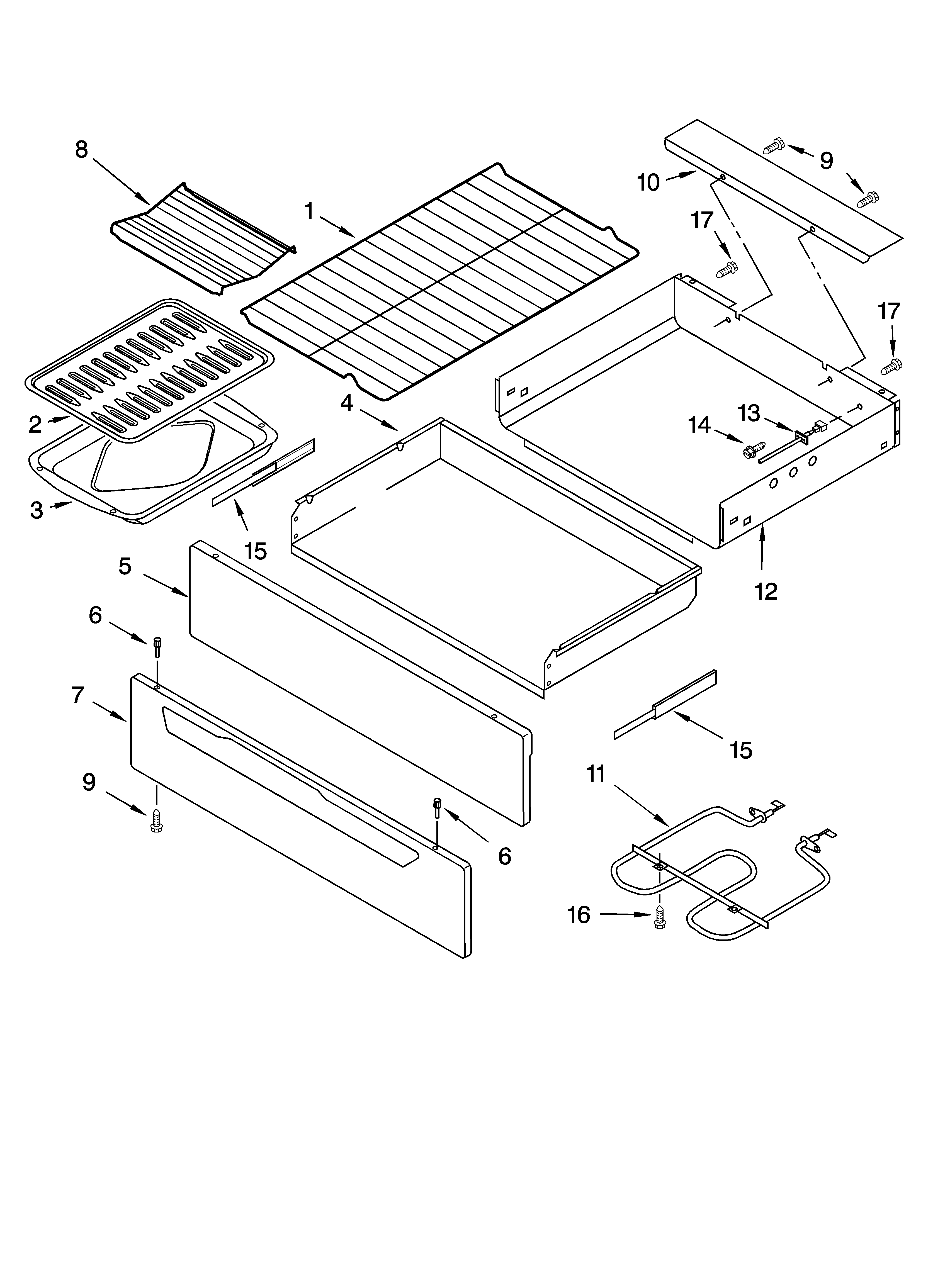 Whirlpool WERC3100PQ0 drawer & broiler parts diagram