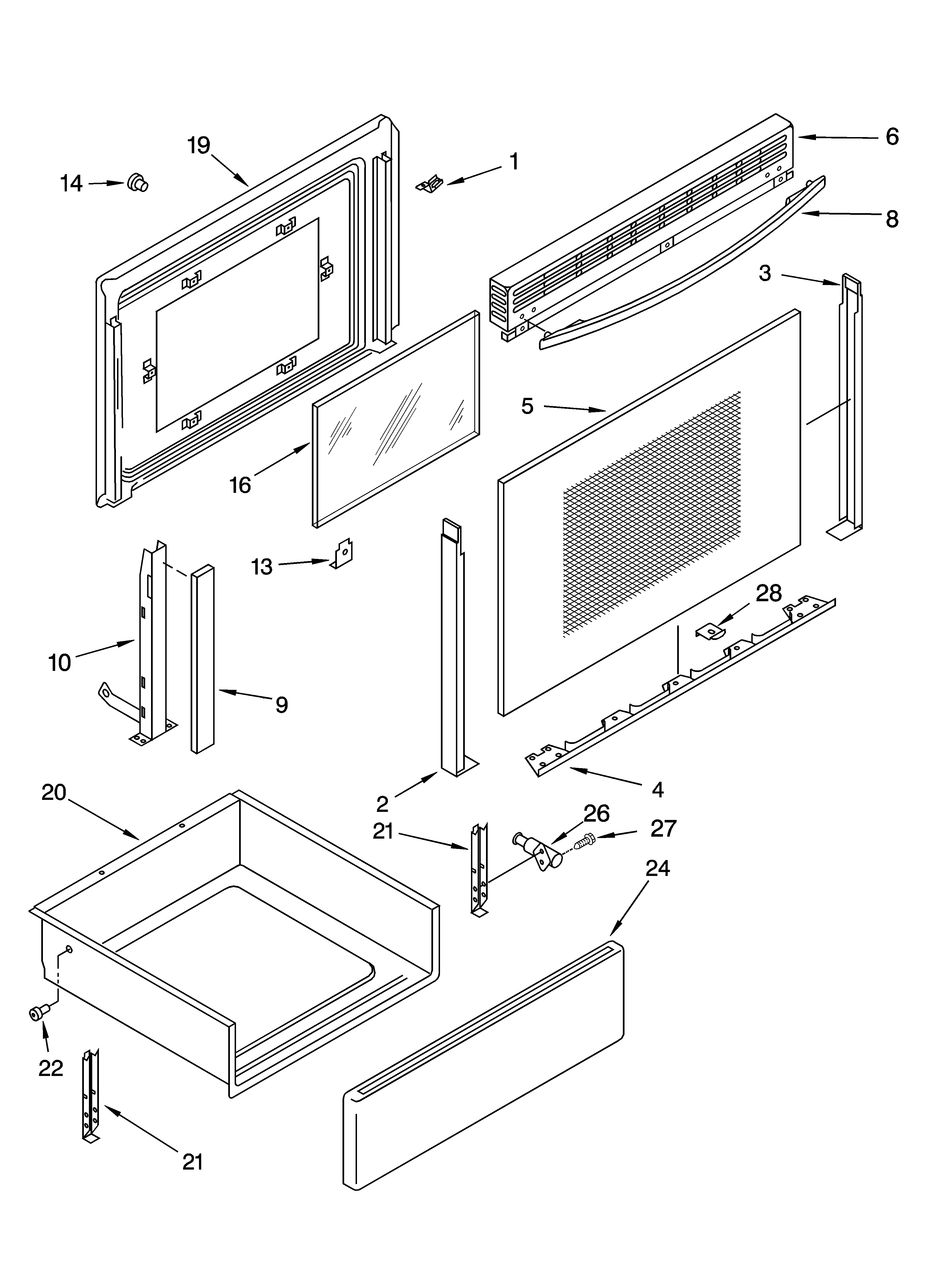 Whirlpool WGE34304 door and drawer parts diagram