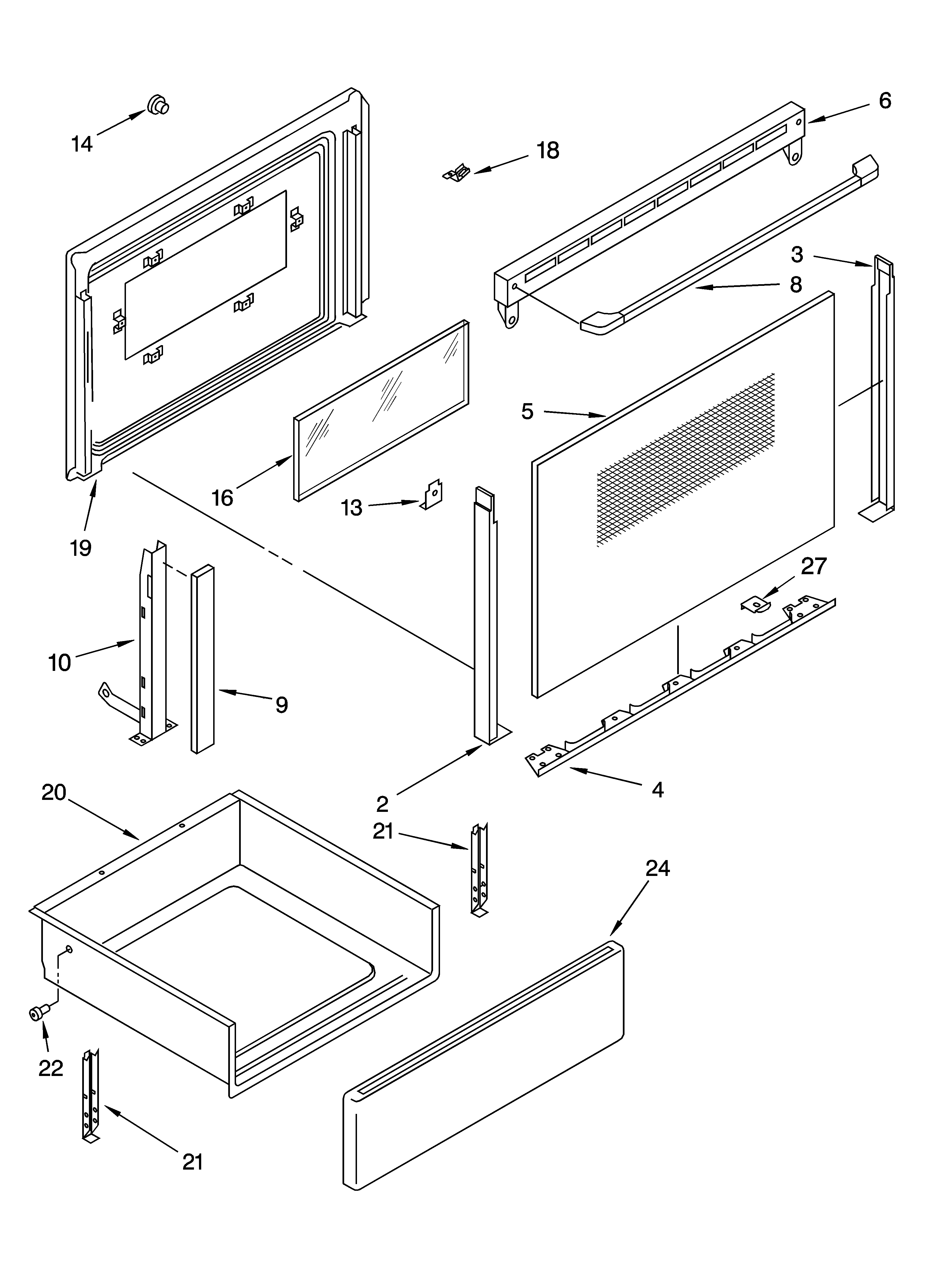 Whirlpool WLE32300 door and drawer parts diagram