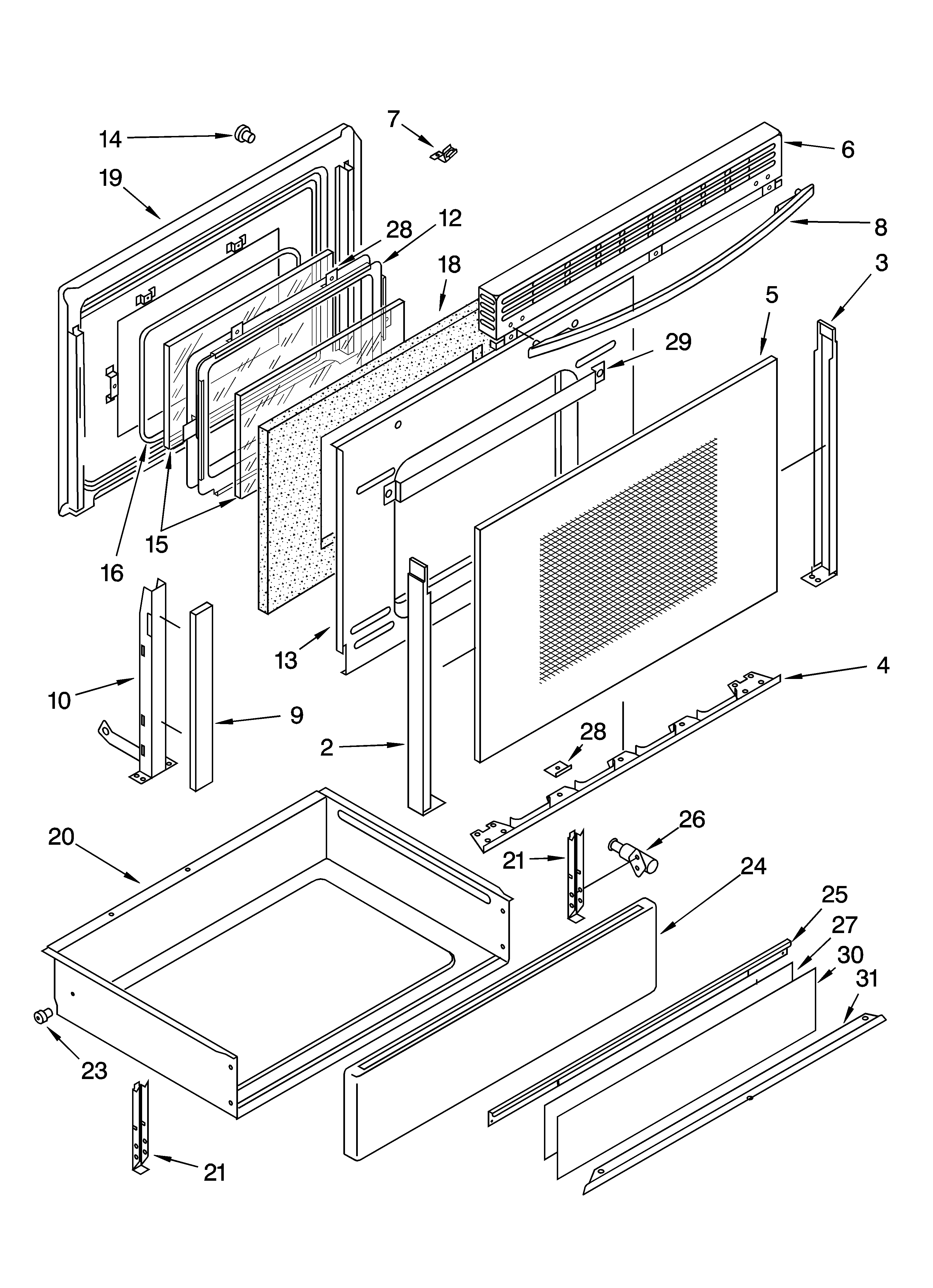 Whirlpool WLSP34900 door and drawer parts diagram