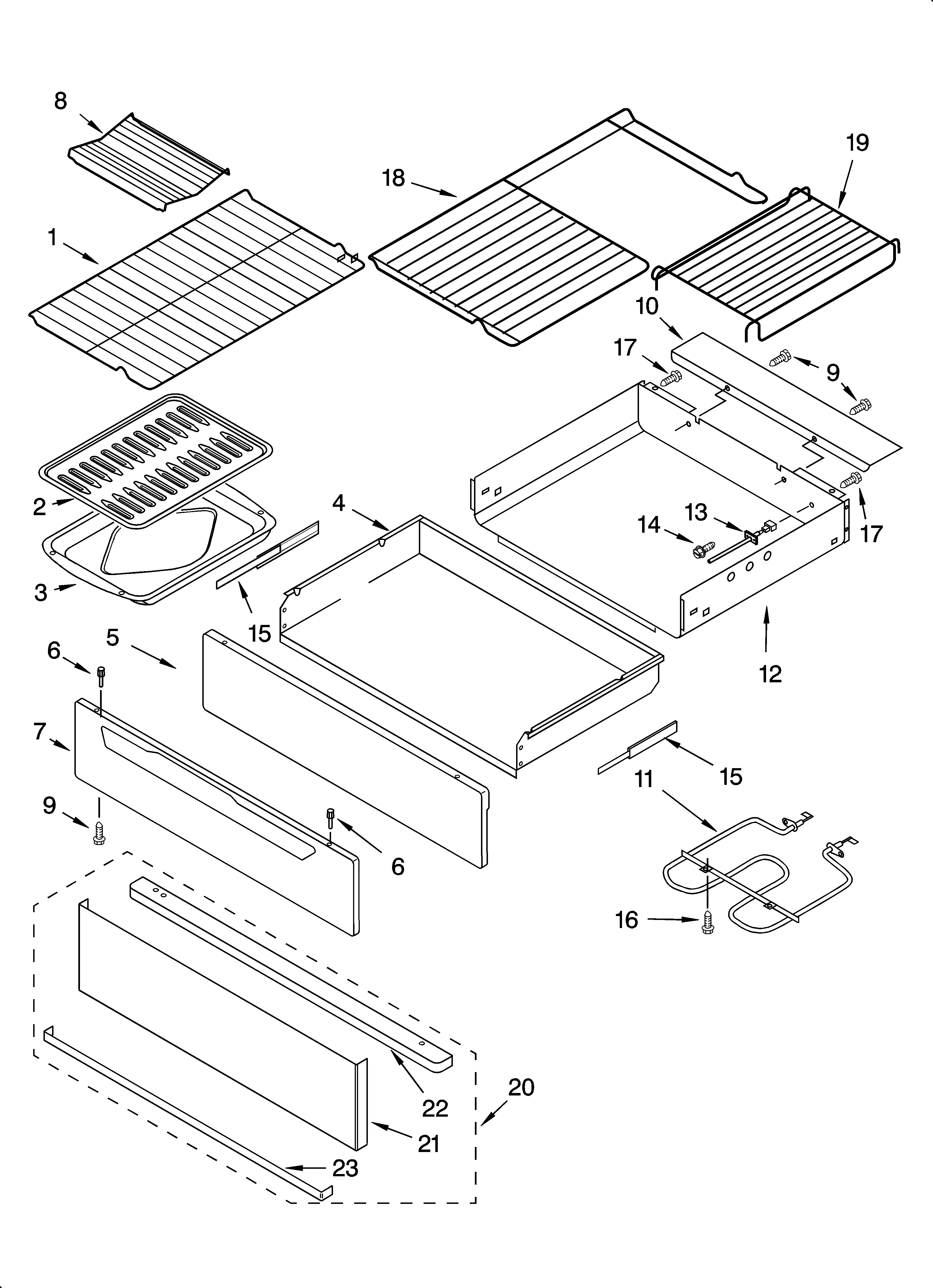 Whirlpool GERC4120PQ3 drawer & broiler parts diagram