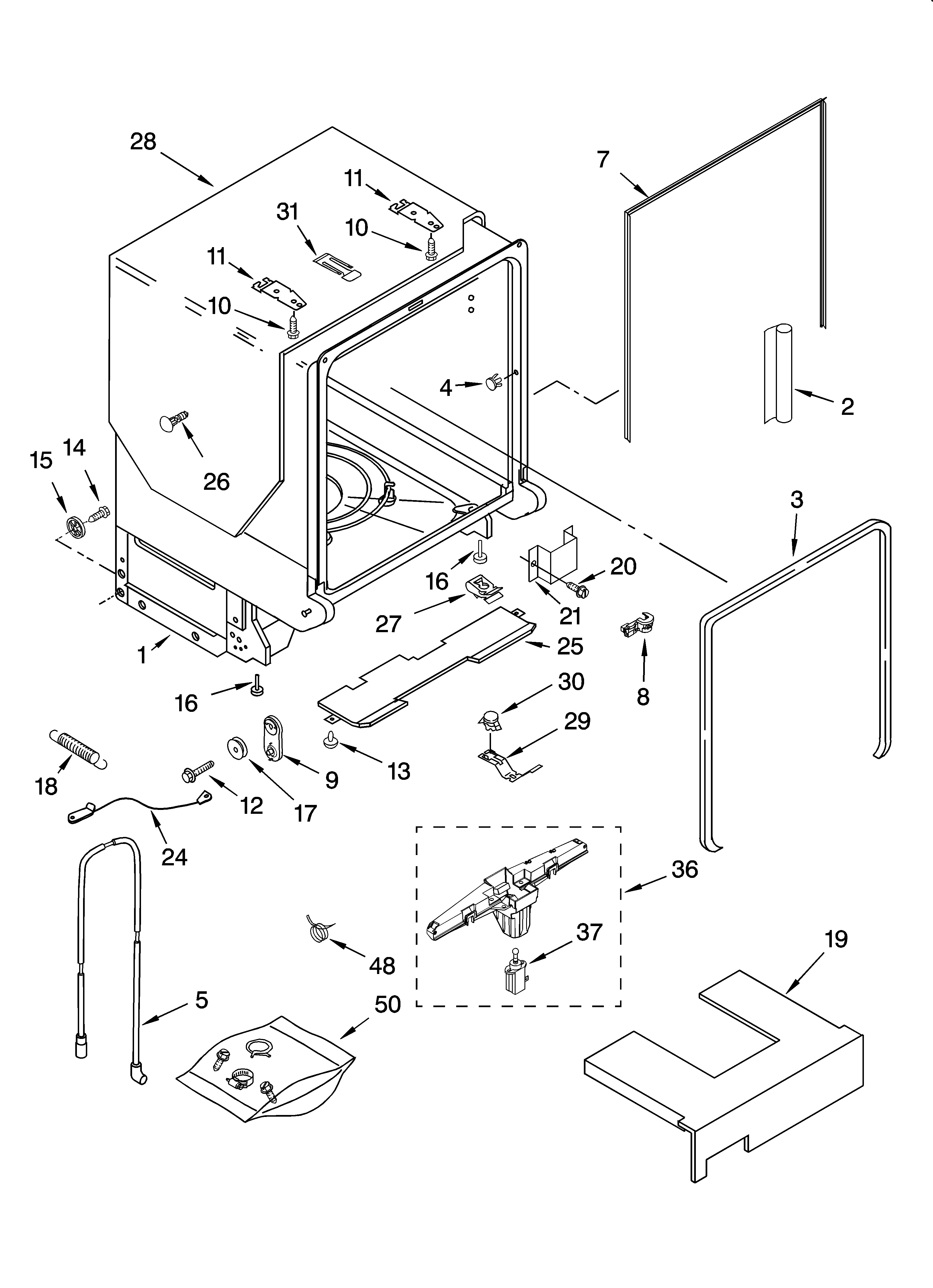 KitchenAid KUDS02SRBL3 tub and frame parts diagram