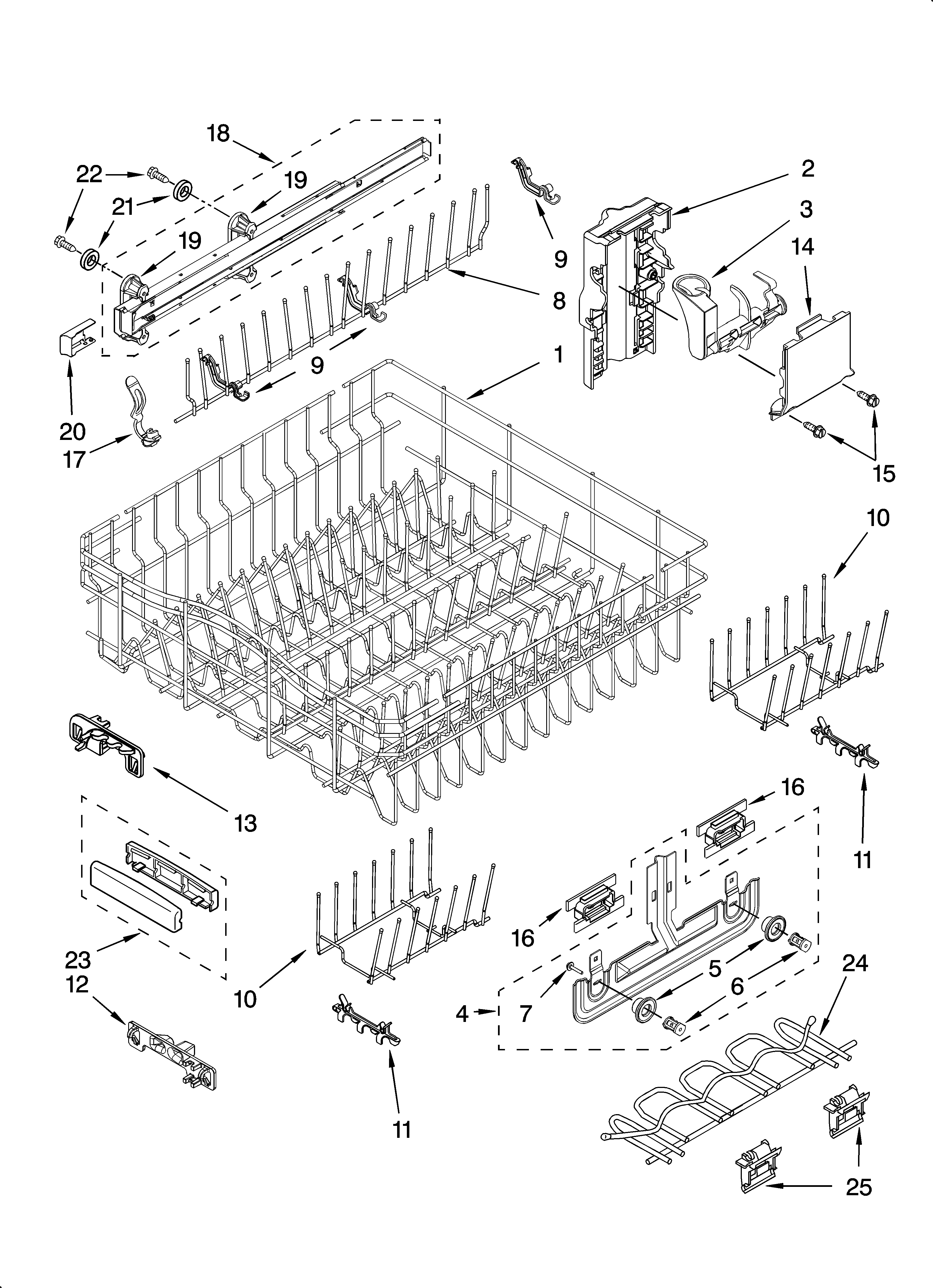 KitchenAid KUDS02SRWH4 upper rack and track parts diagram