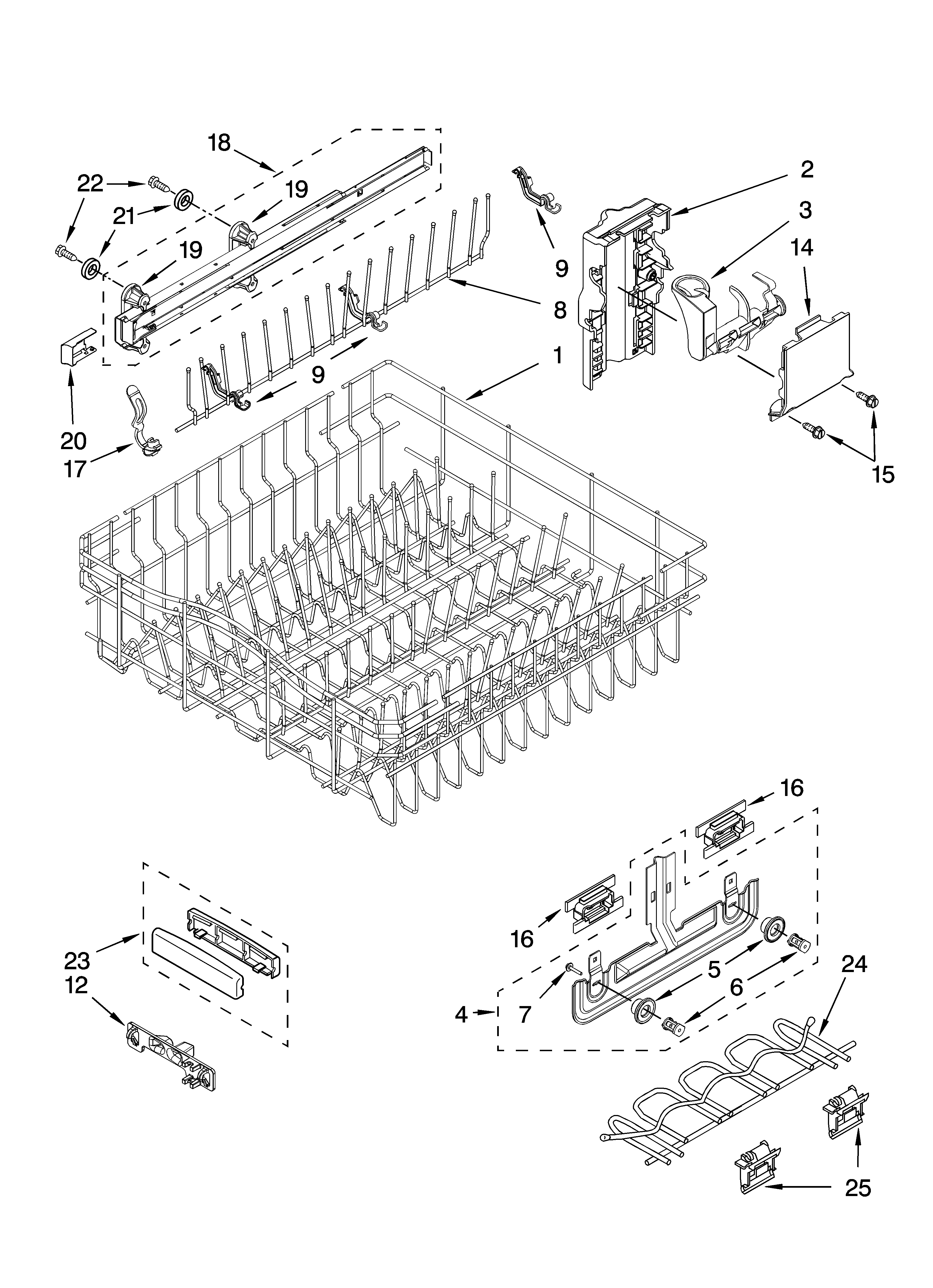 KitchenAid KUDP02CRBT3 upper rack and track parts diagram