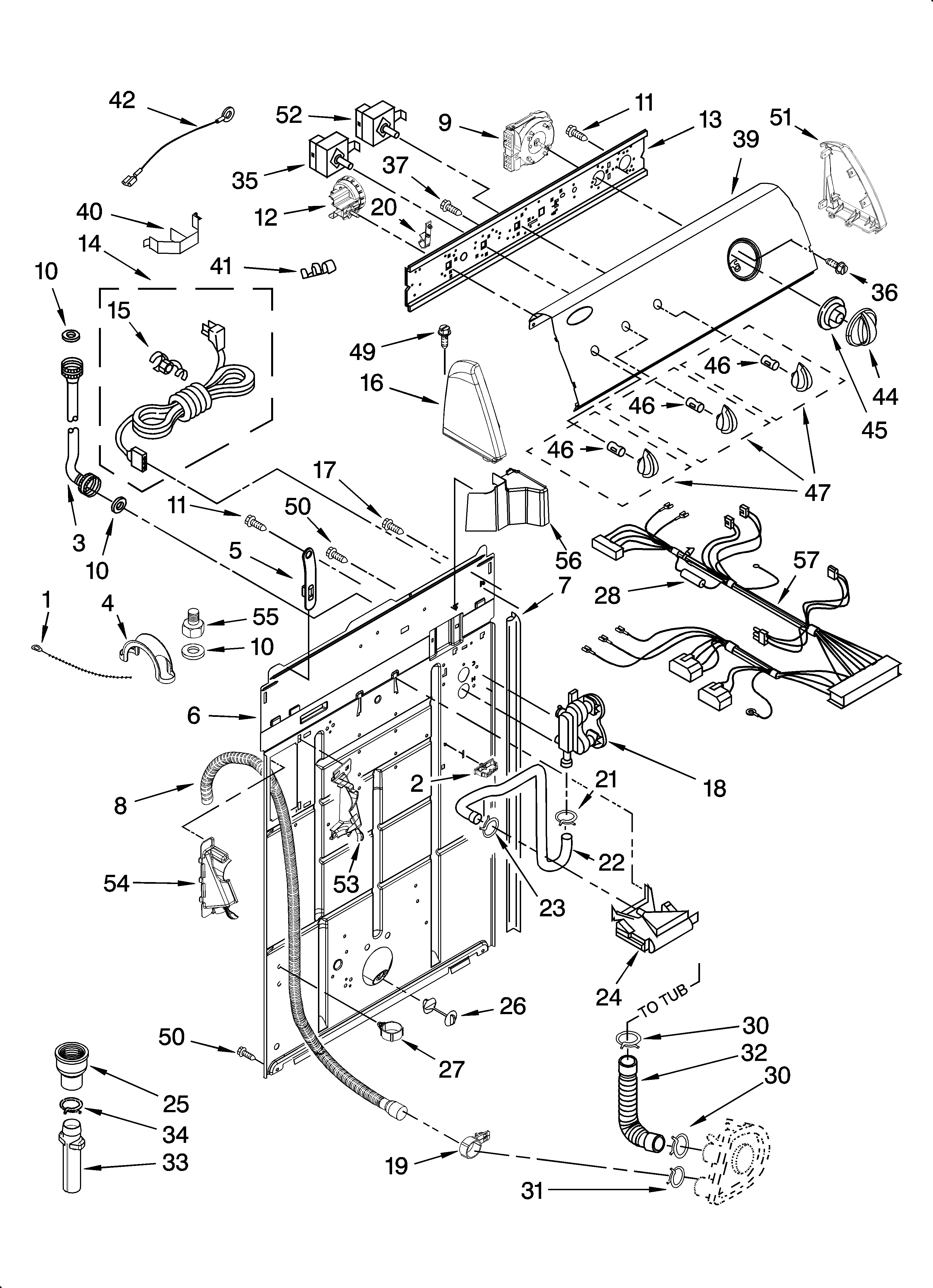 Whirlpool 3SWTW5205SQ0 controls and rear panel parts diagram