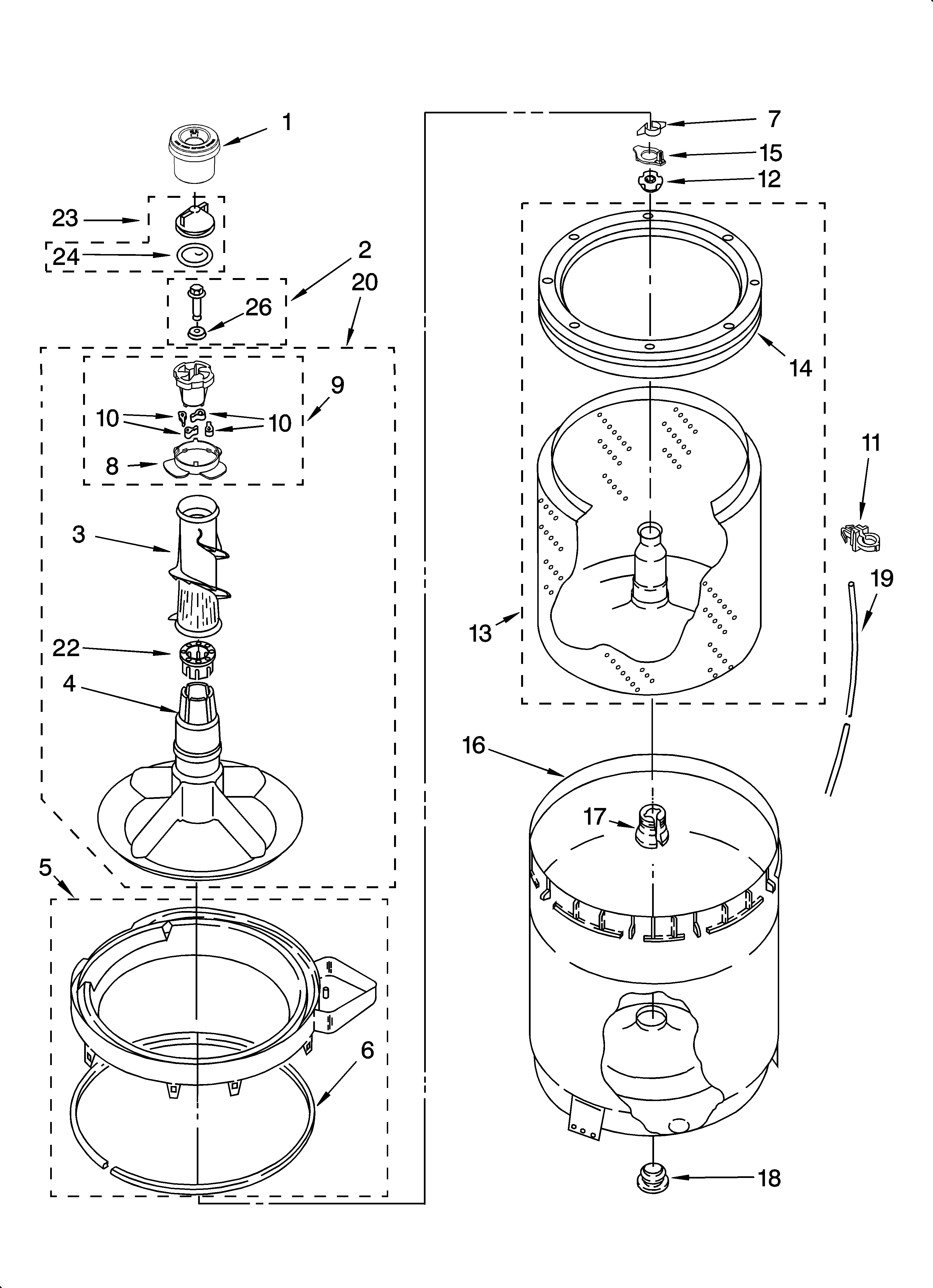 Whirlpool 3SWTW5205SQ0 agitator, basket and tub parts diagram