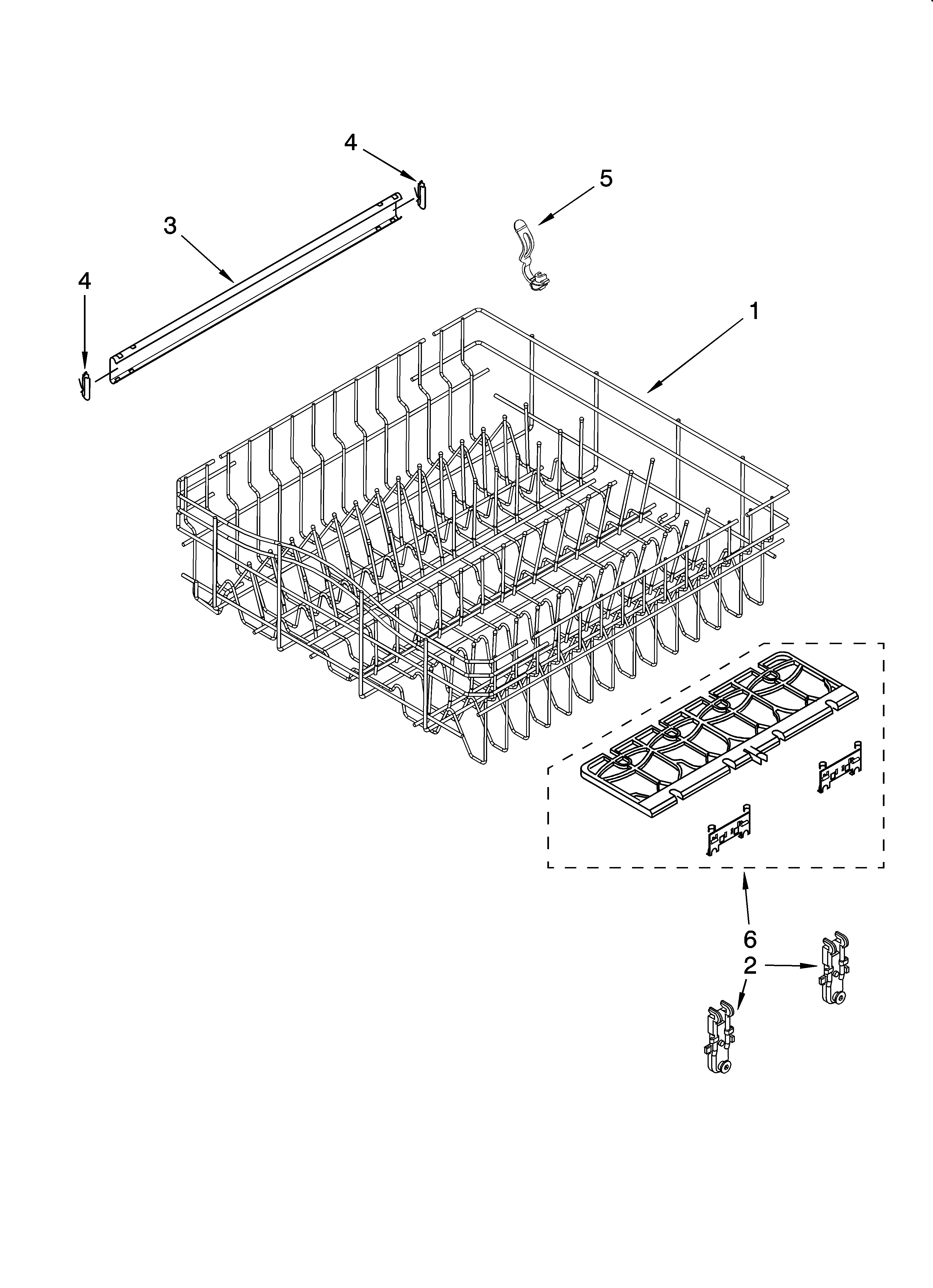 Whirlpool DU1061XTST0 upper rack and track parts diagram