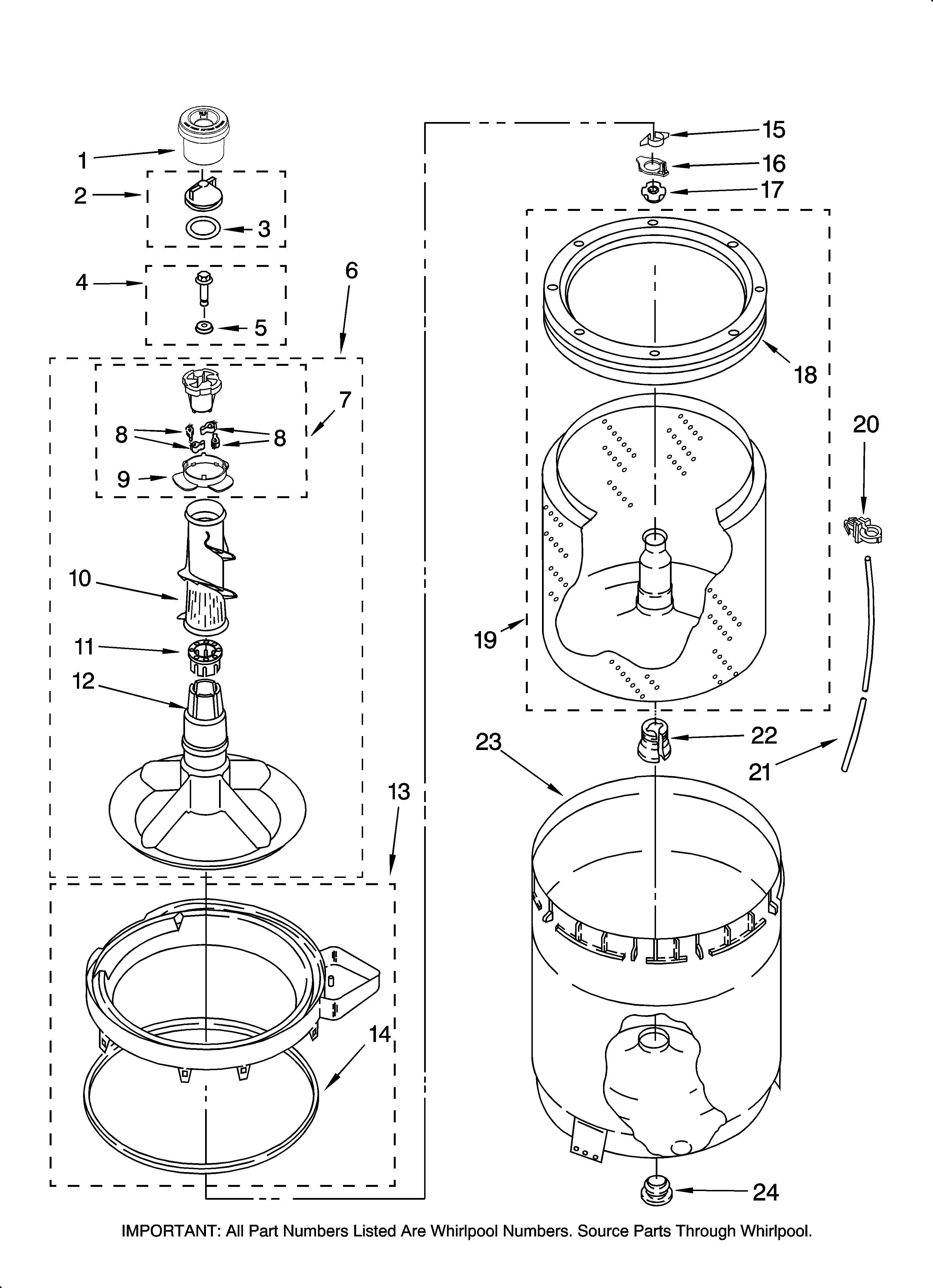 Amana NTW5505TQ0 agitator, basket and tub parts diagram