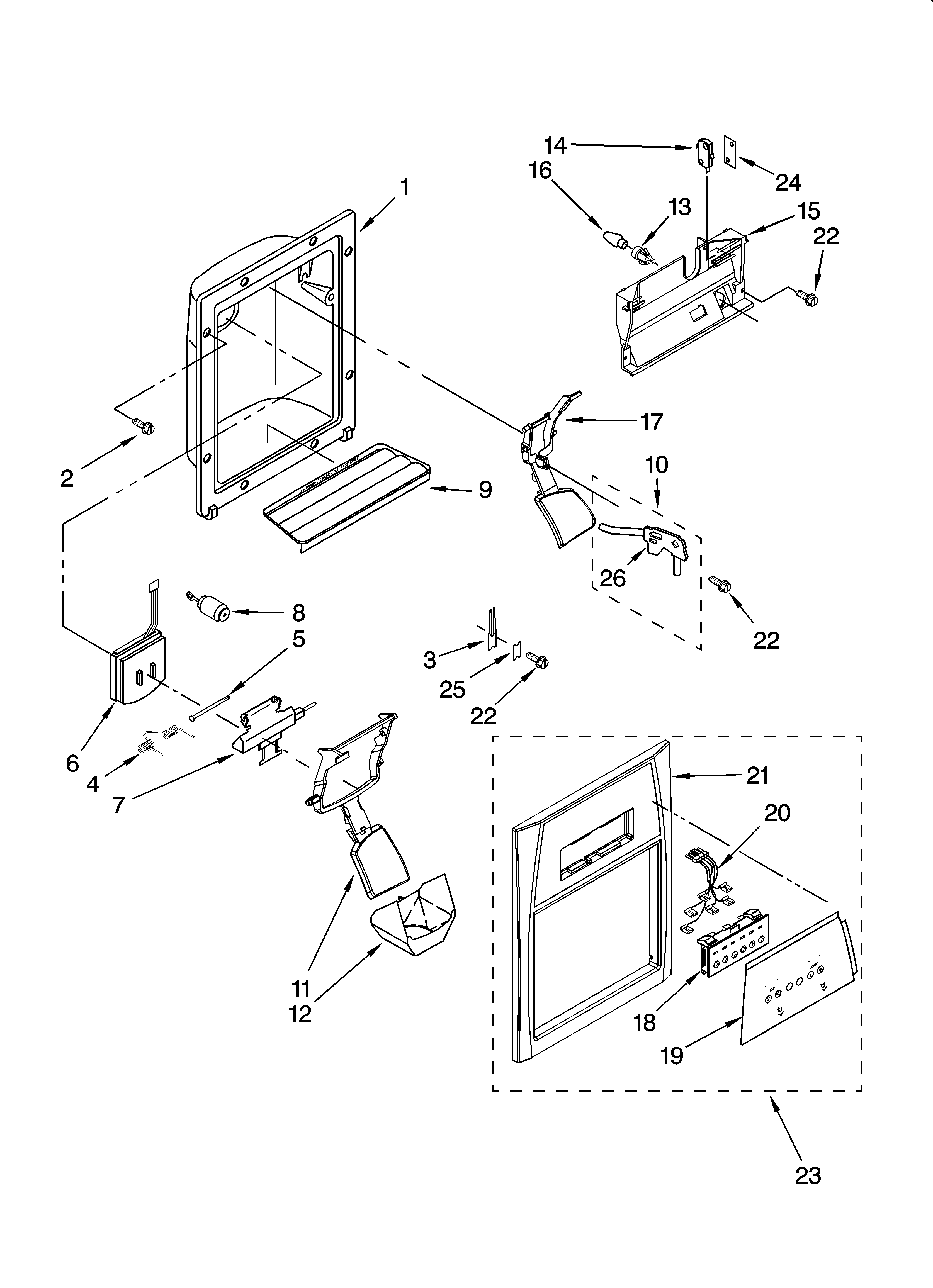 Whirlpool GD5RHAXTQ00 dispenser front parts diagram