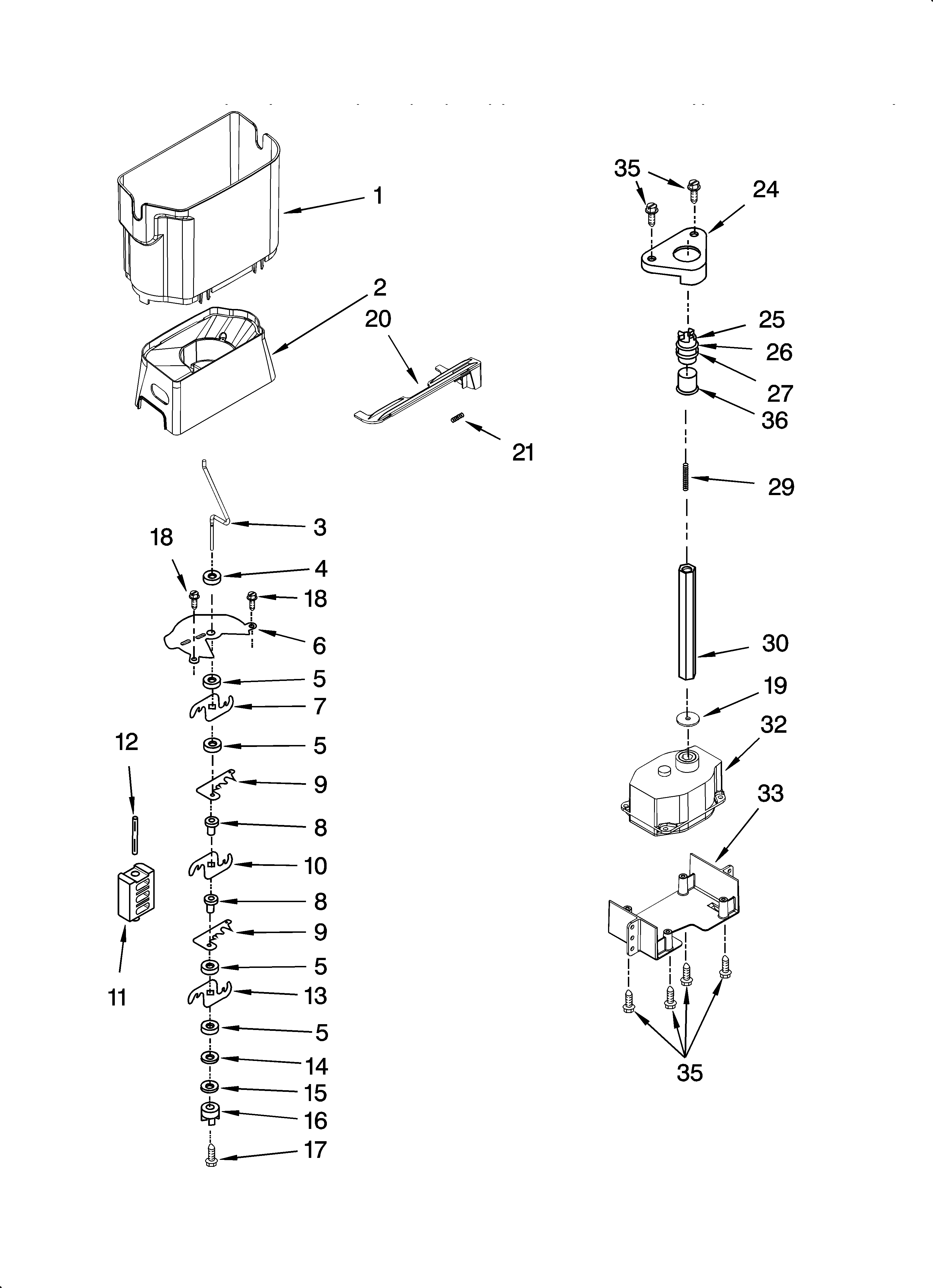 KitchenAid KSRS25RSBT00 motor and ice container parts diagram