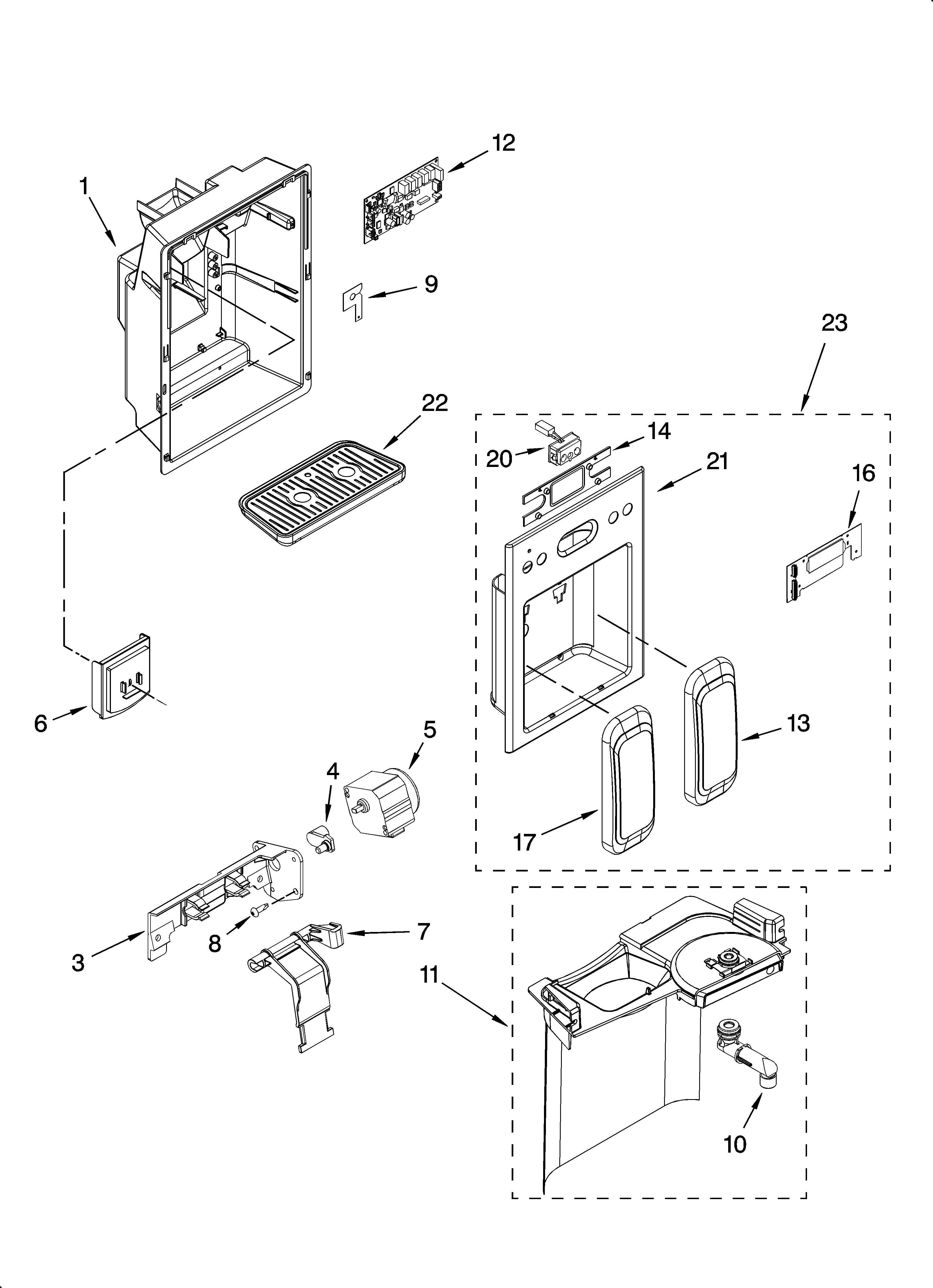 KitchenAid KSRS25RSBT00 dispenser front parts diagram