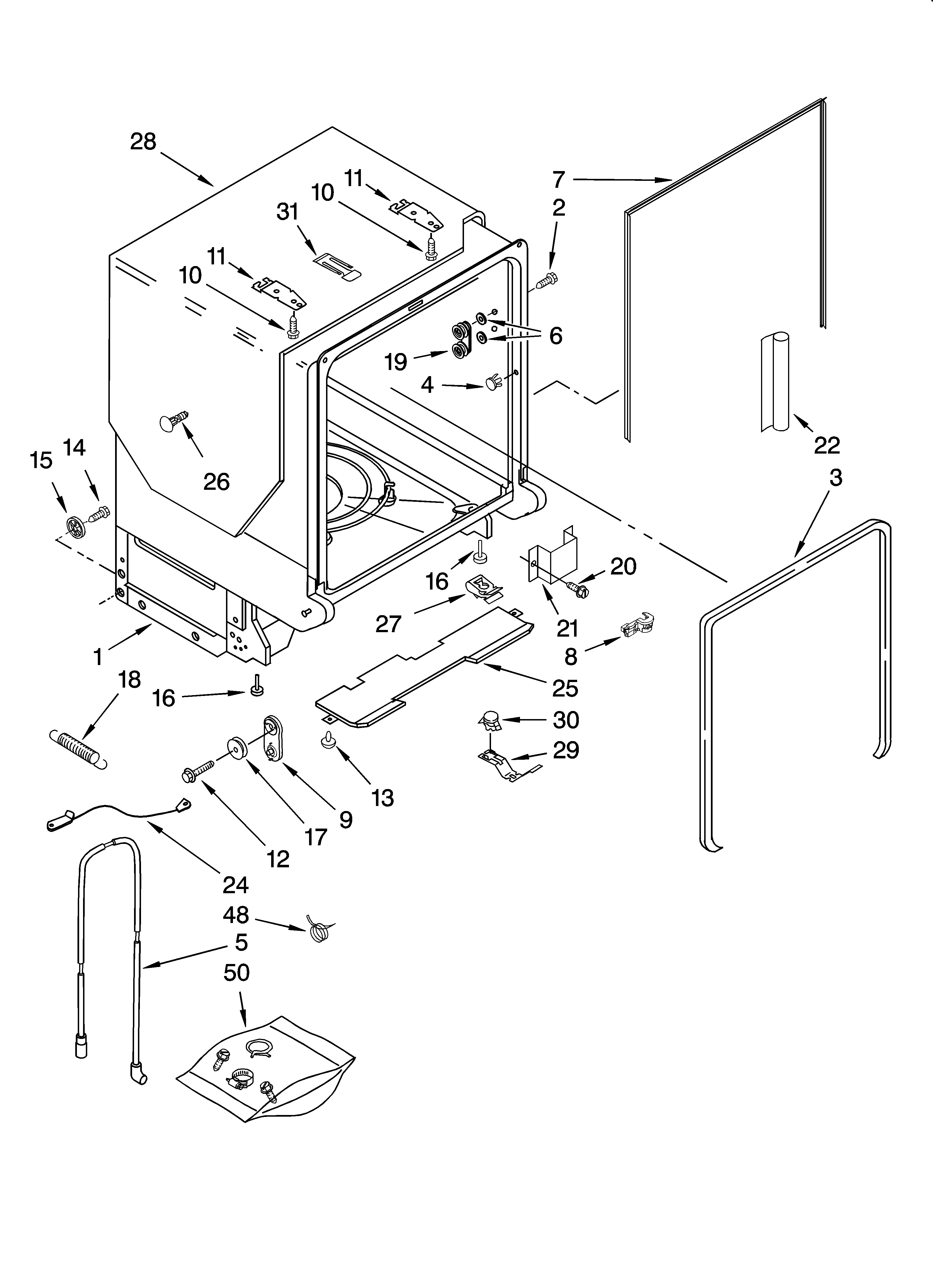 KitchenAid KUDK02CRWH3 tub and frame parts diagram