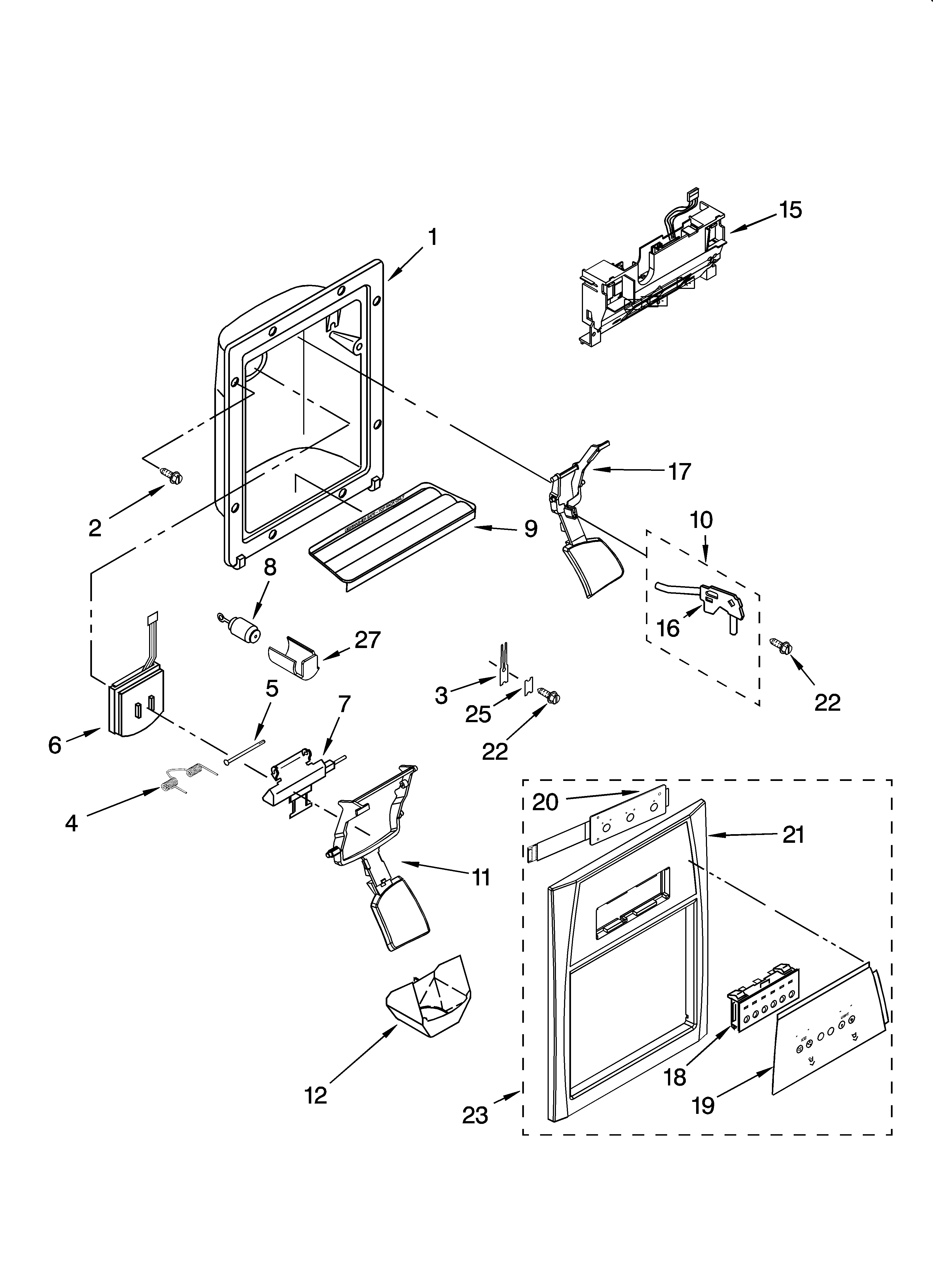 Whirlpool 7GS2SHEXPQ03 dispenser front parts diagram