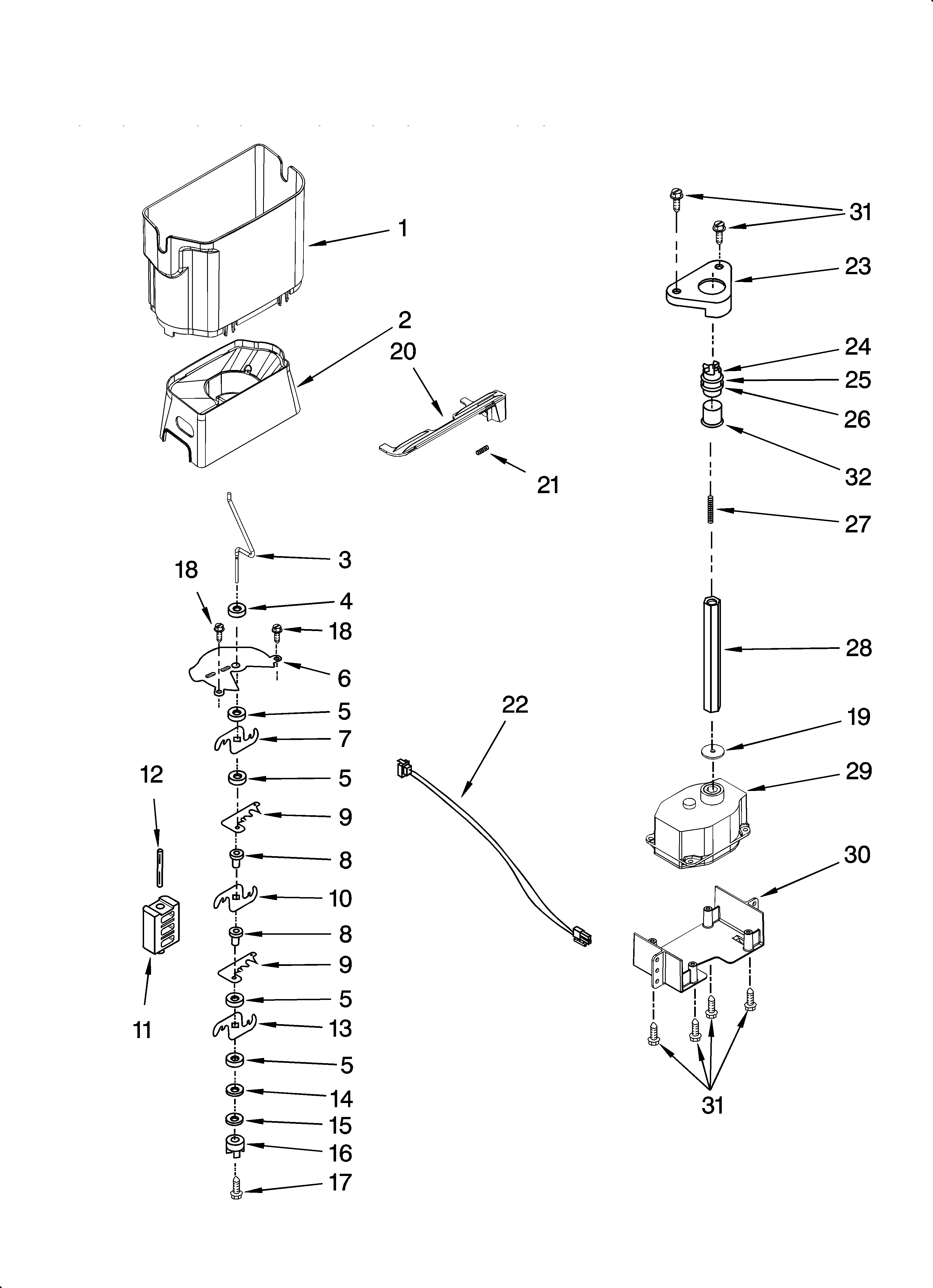 Whirlpool GD5NVAXSB01 motor and ice container parts diagram
