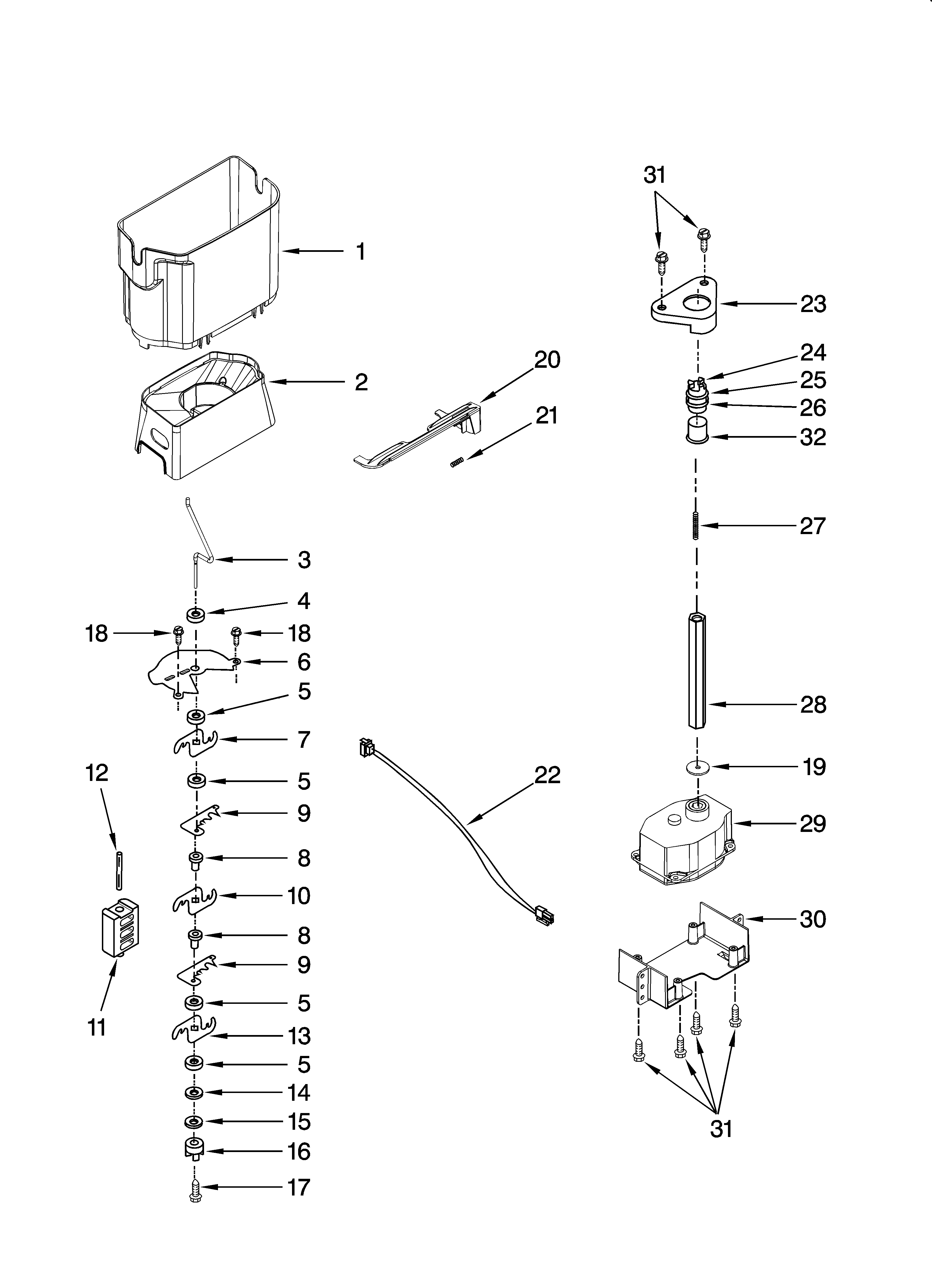 Whirlpool GS6NBEXRY02 motor and ice container parts diagram
