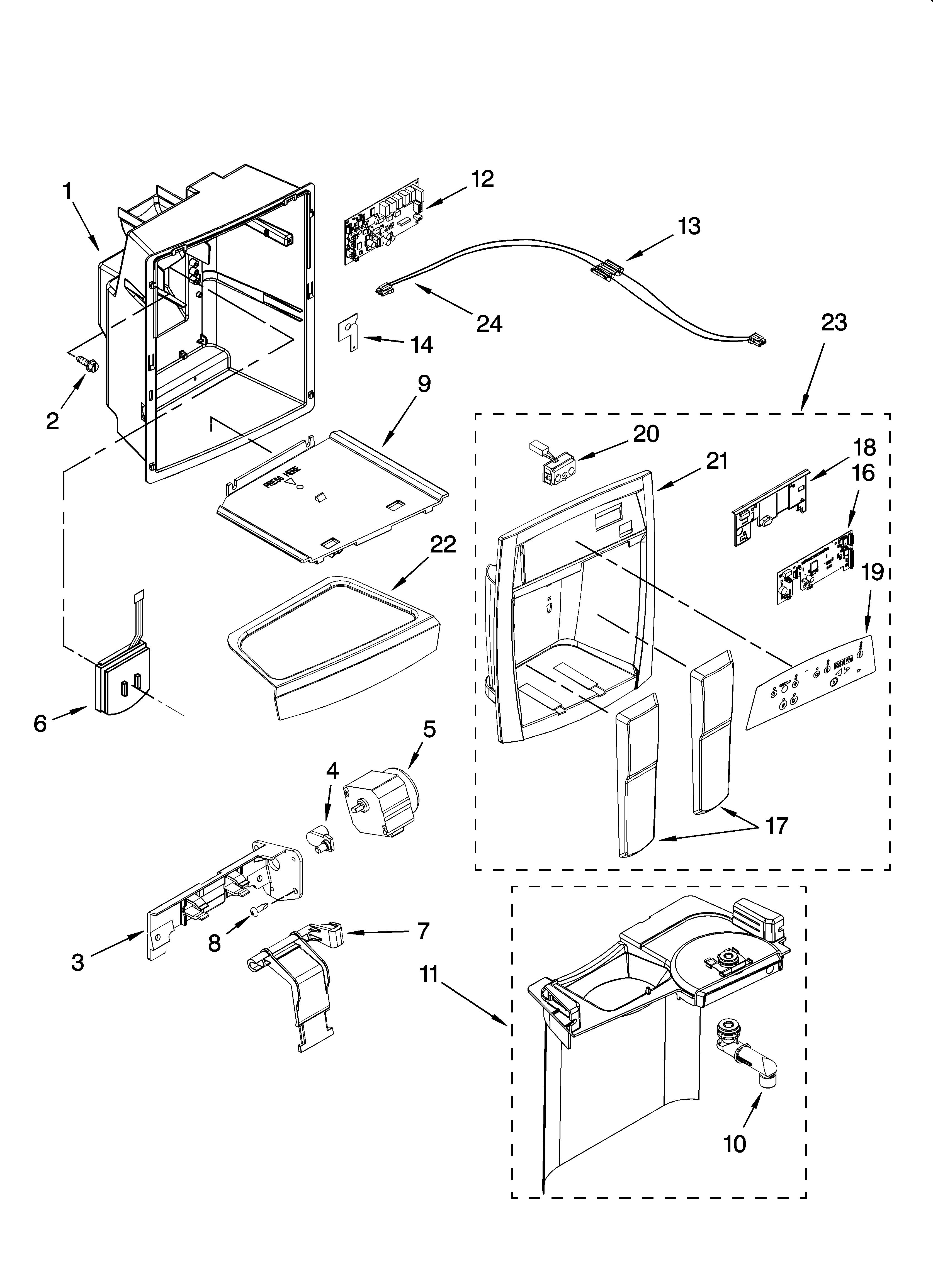 Whirlpool GS6NVEXSL01 dispenser front parts diagram