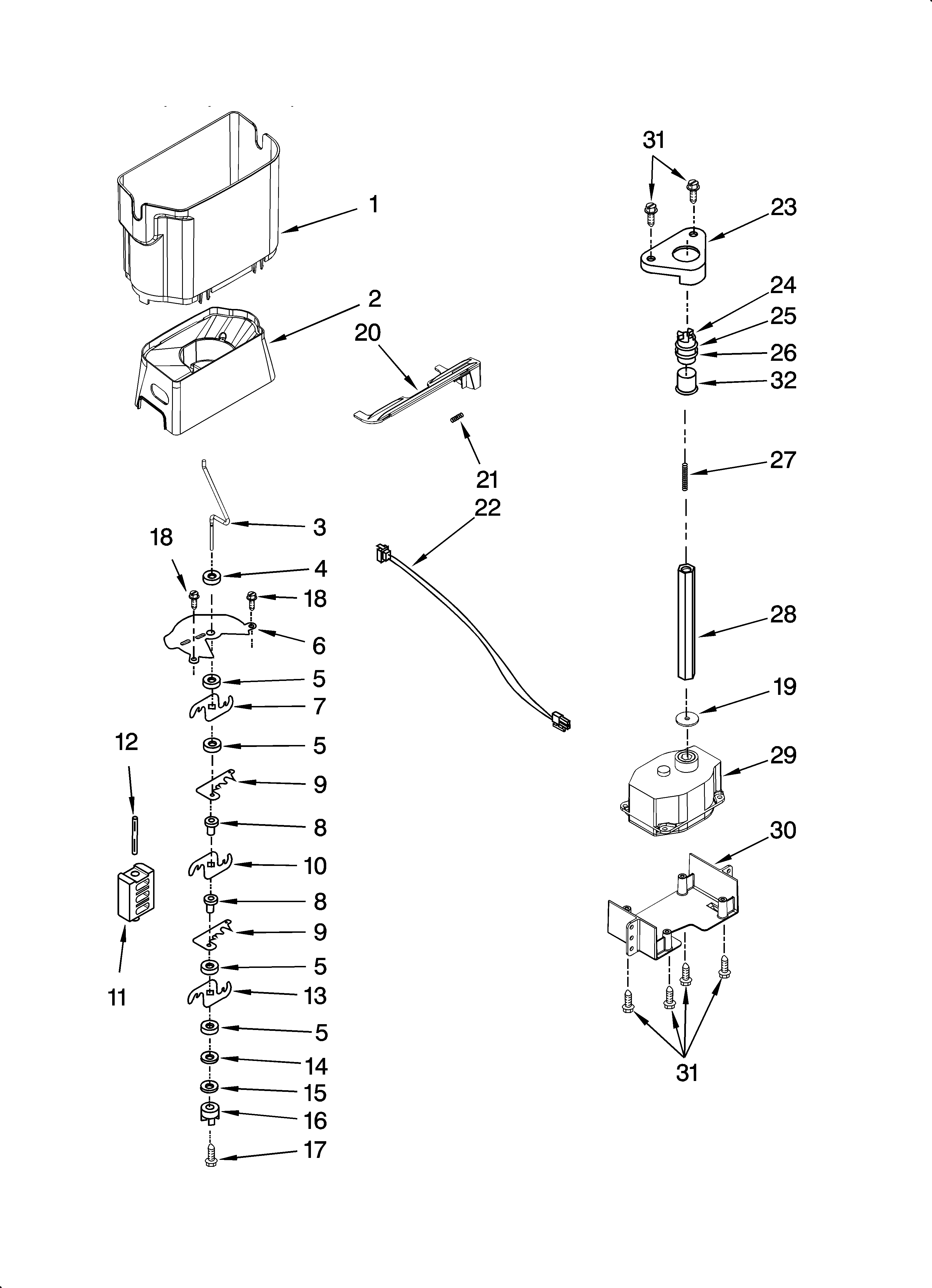 KitchenAid KSRS25CSBL02 motor and ice container parts diagram