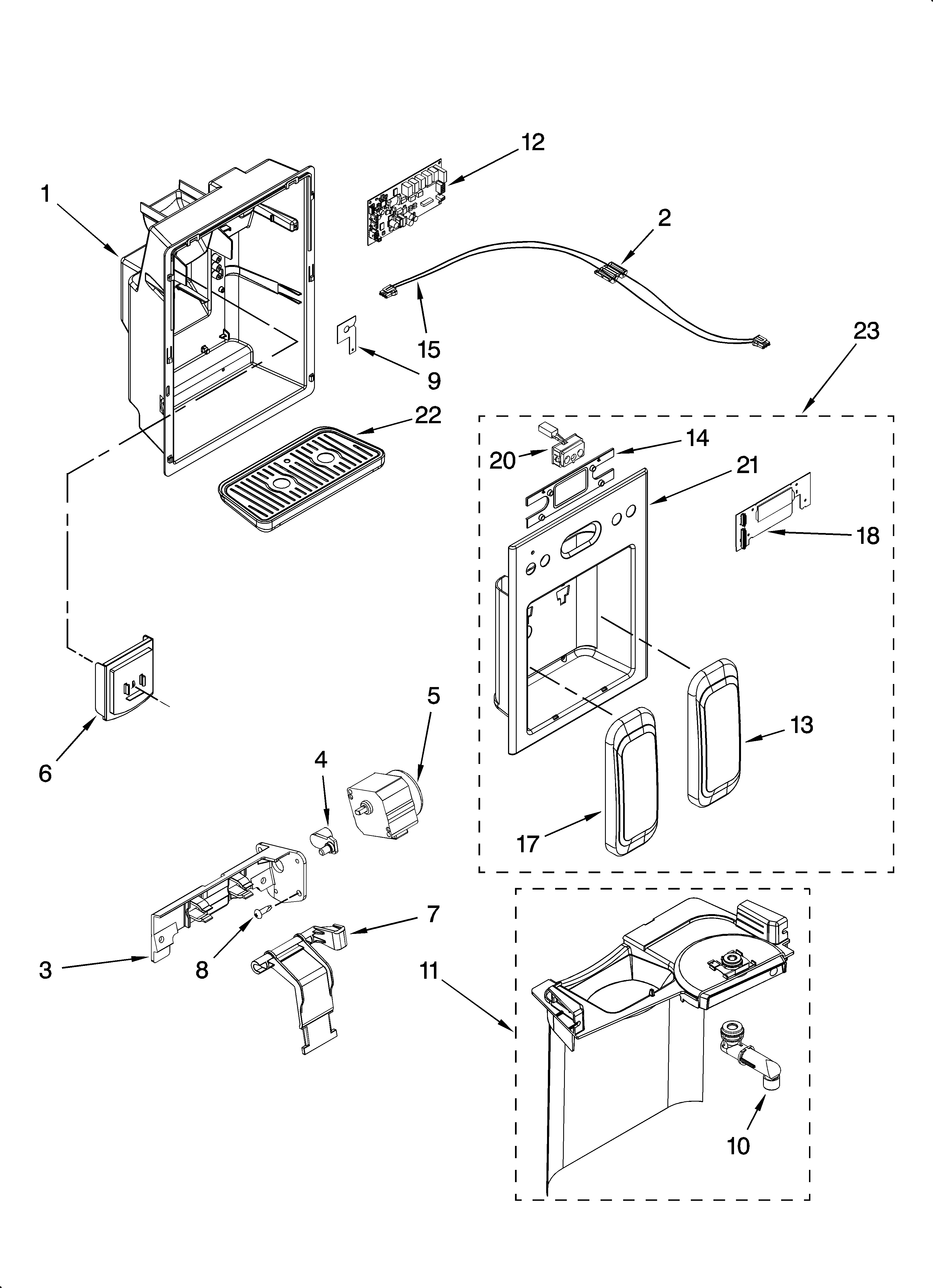 KitchenAid KSRS25CSBL02 dispenser front parts diagram