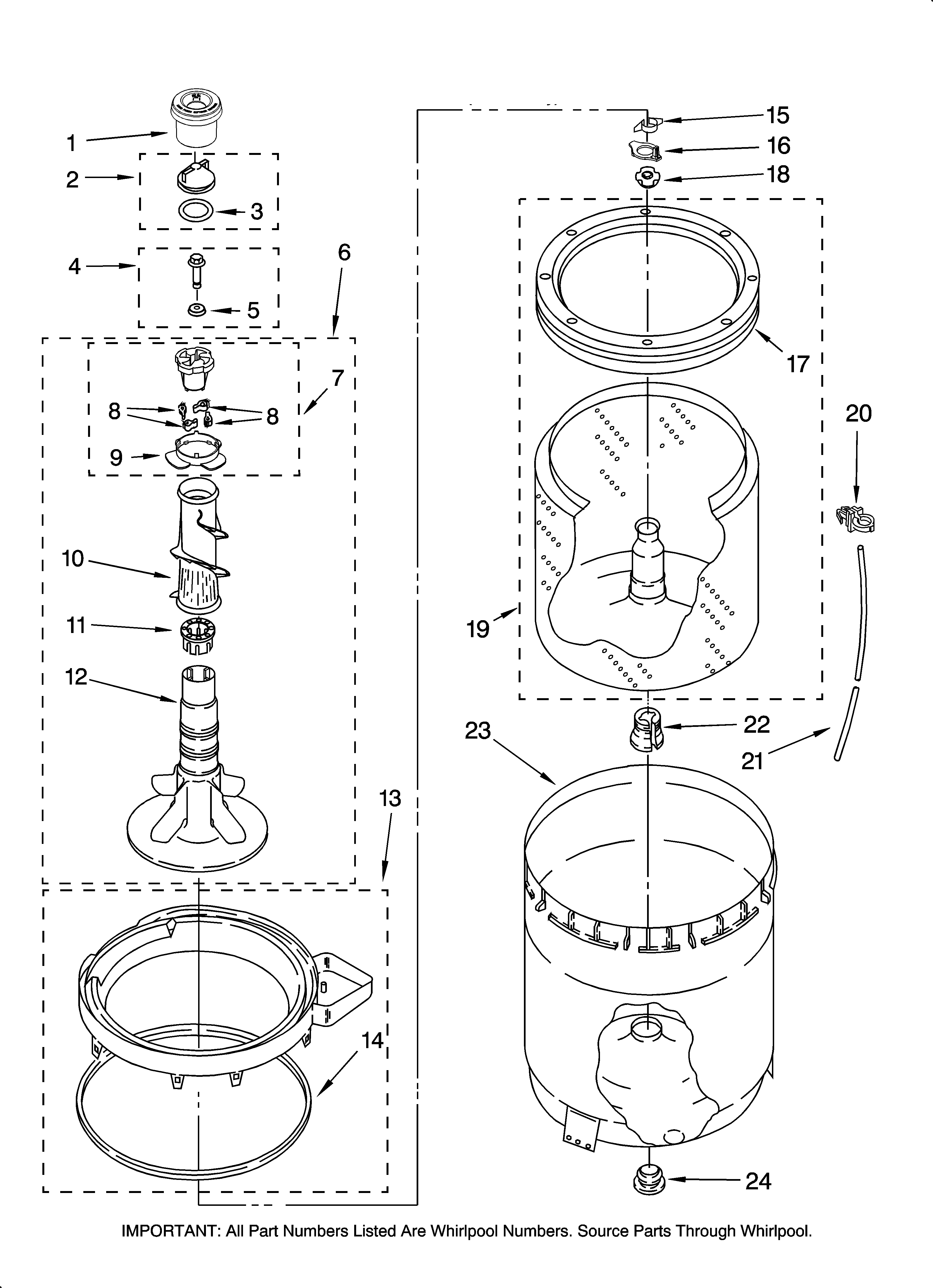 Maytag MTW5821TW0 agitator, basket and tub parts diagram