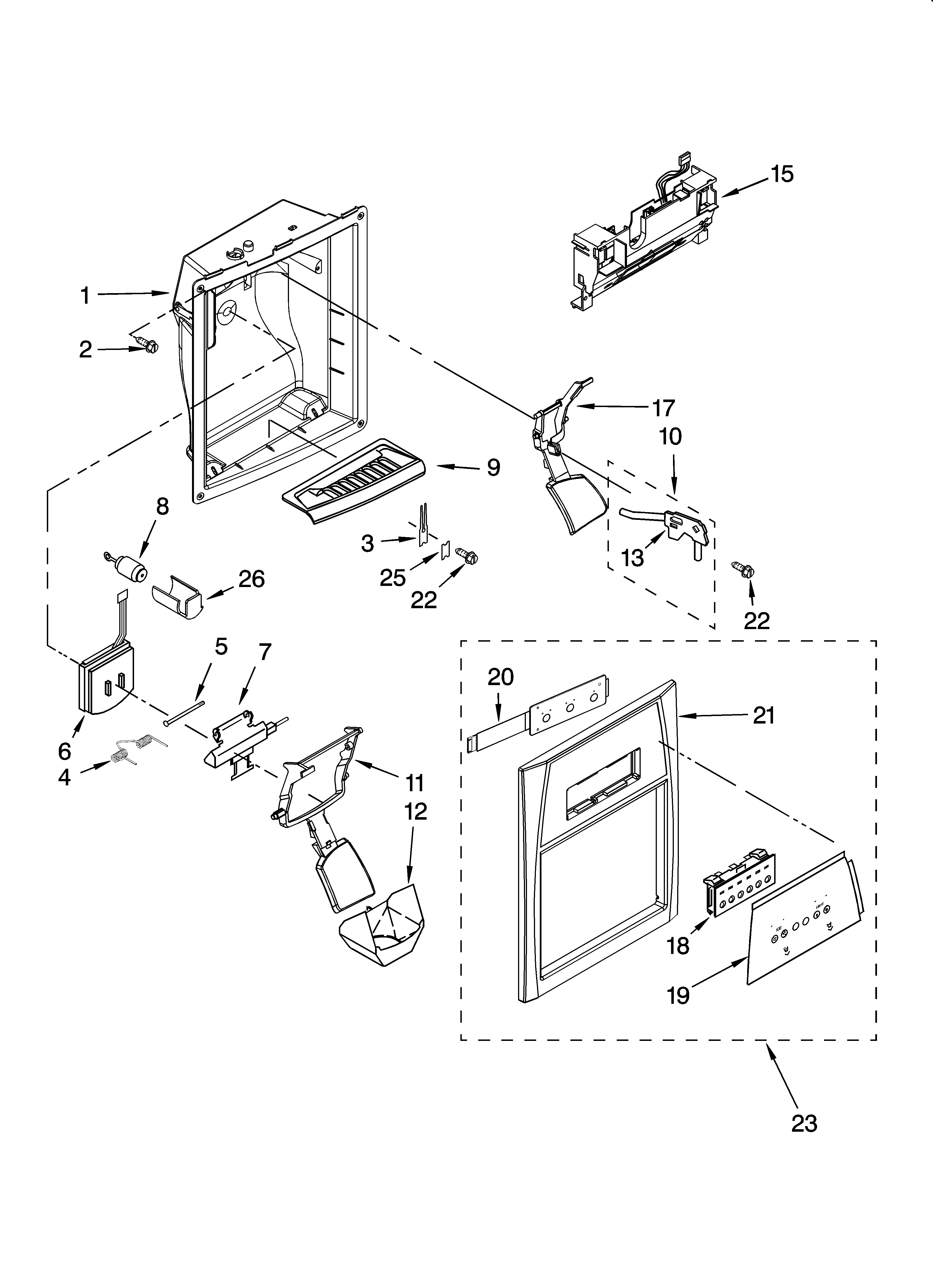 Whirlpool 7GS6SHEXMS03 dispenser front parts diagram