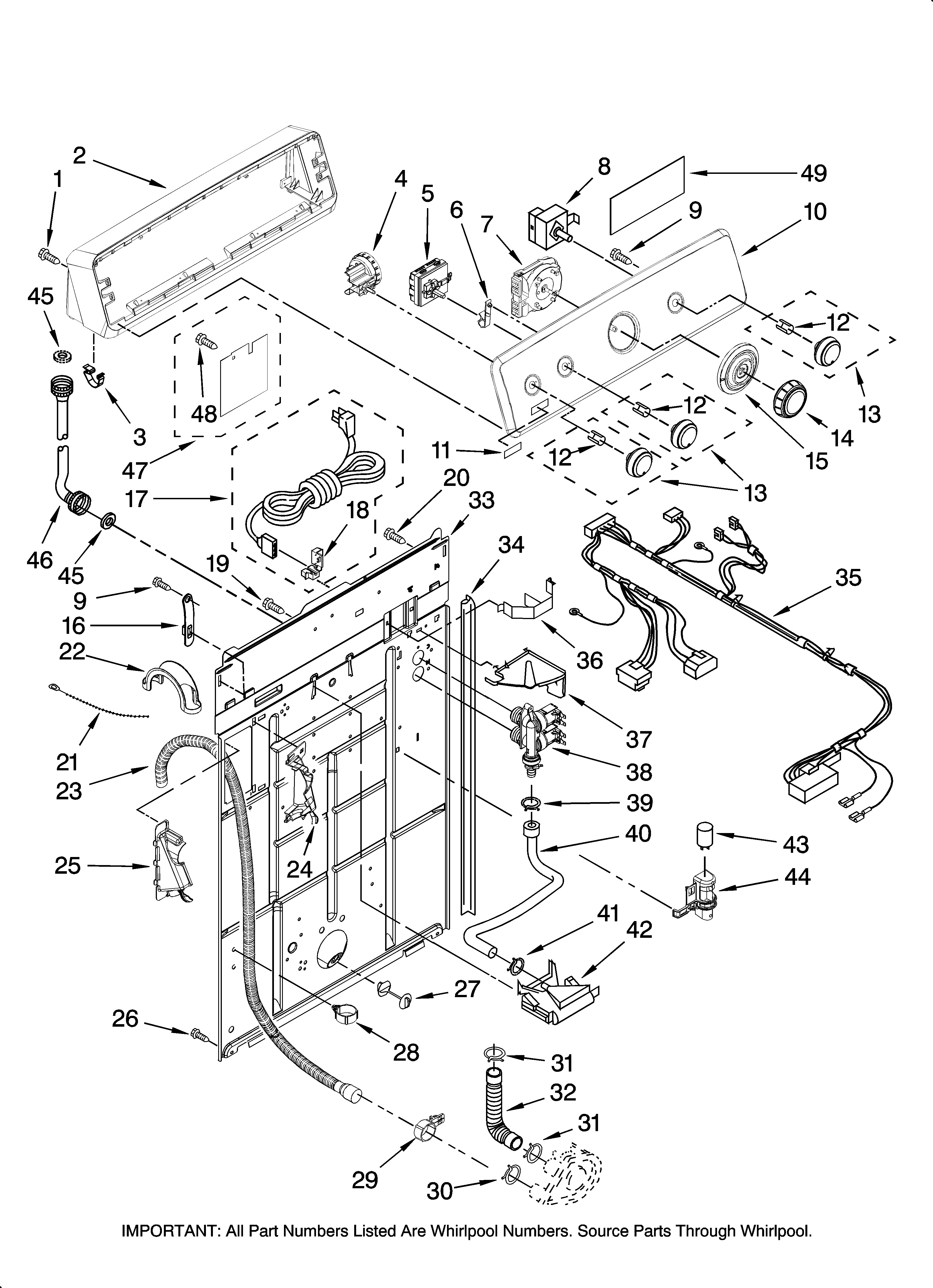 Maytag MTW5721TQ0 controls and rear panel parts diagram