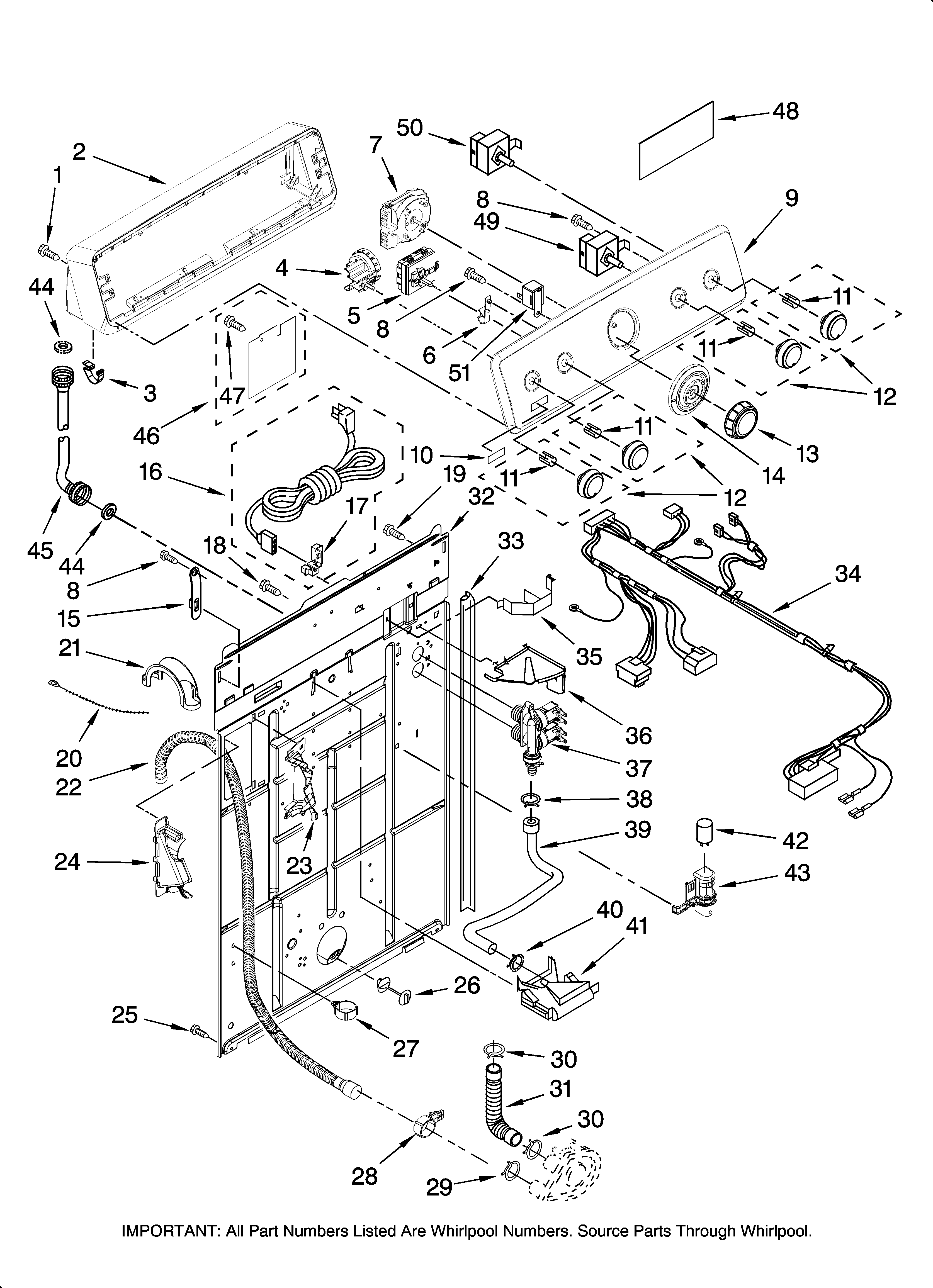 Maytag MTW5807TQ0 controls and rear panel parts diagram