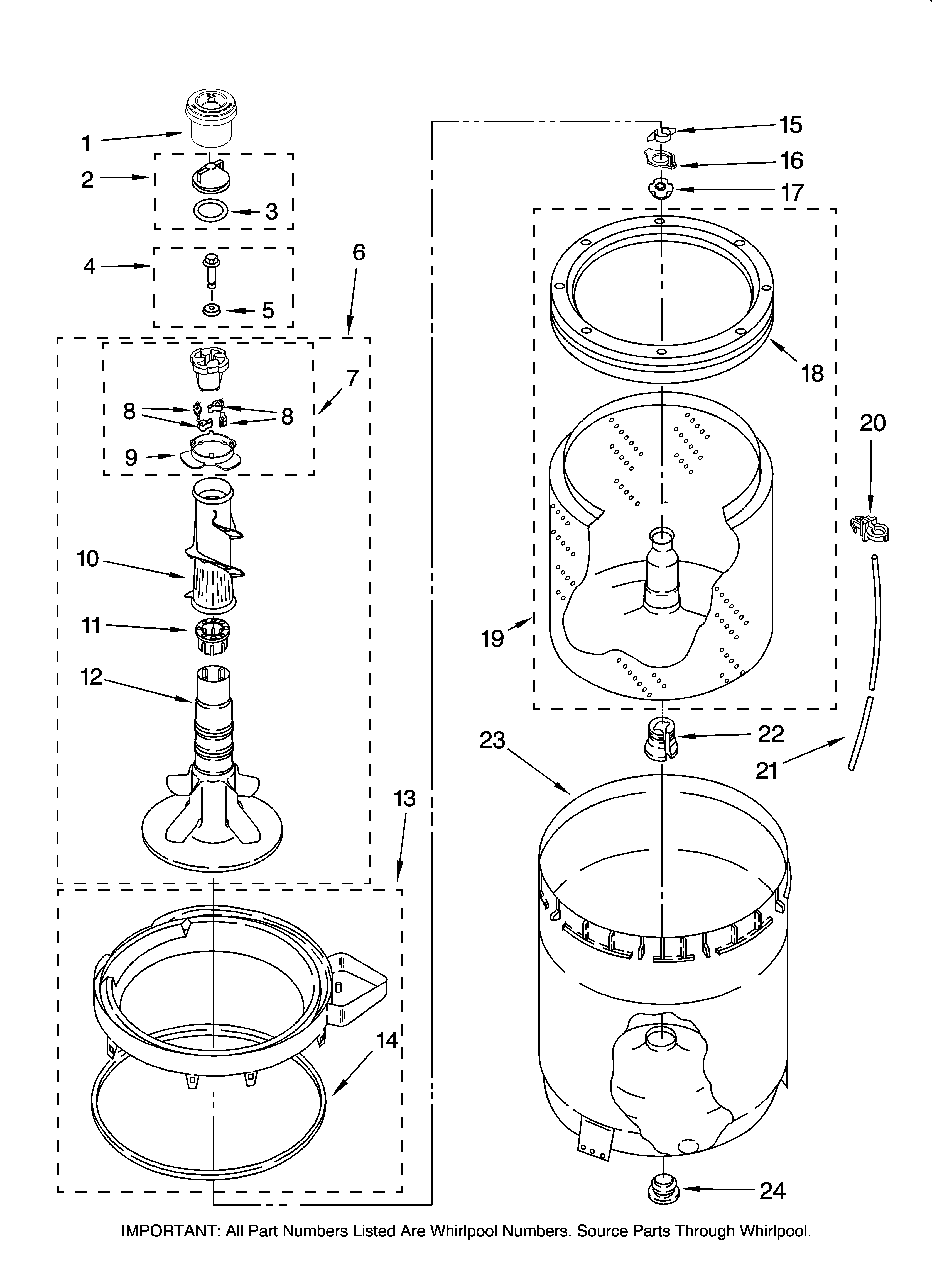 Maytag MTW5807TQ0 agitator, basket and tub parts diagram