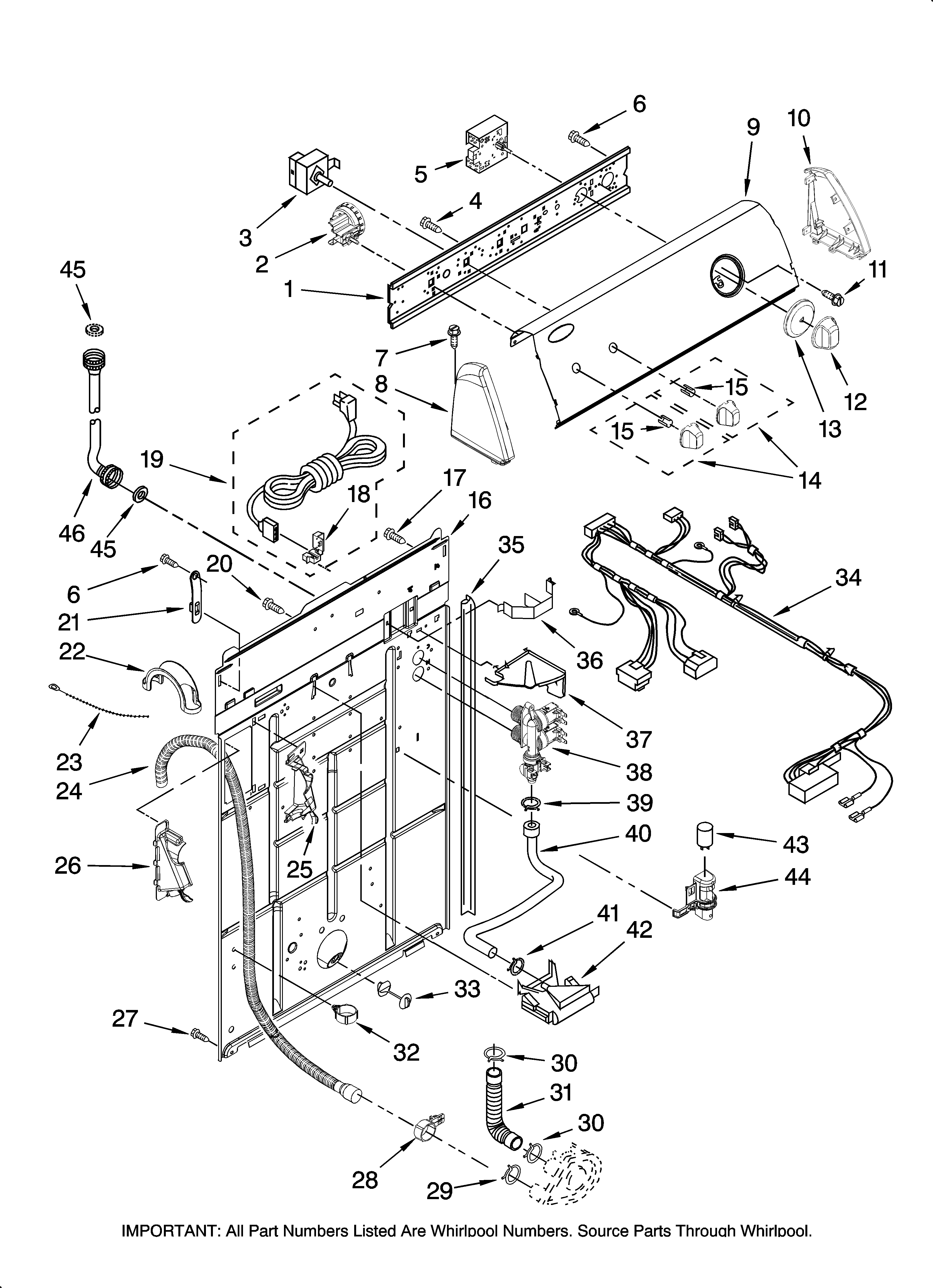 Amana NTW5400TQ0 controls and rear panel parts diagram
