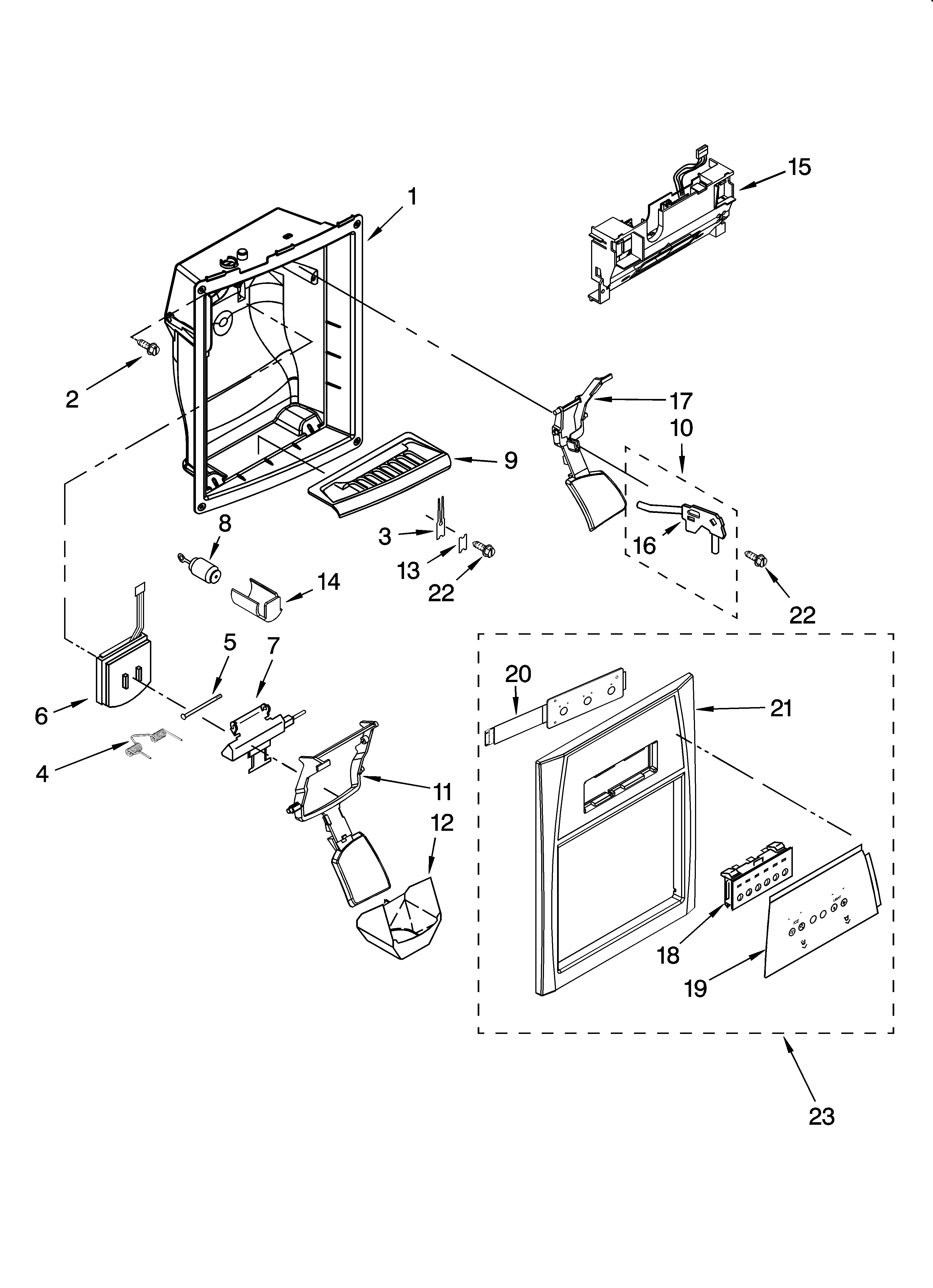 Whirlpool 7GS6SHEXPQ03 dispenser front parts diagram