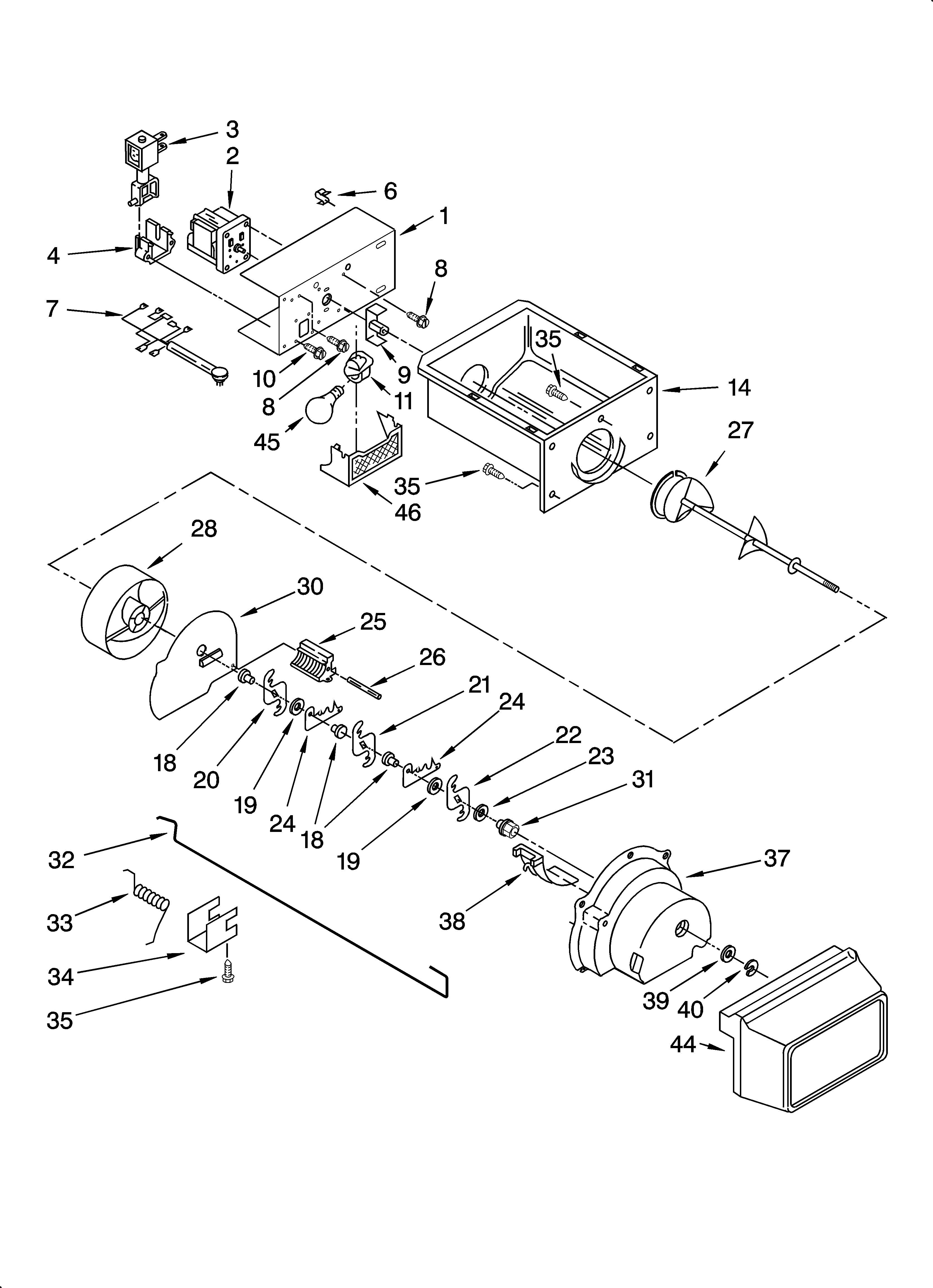 Whirlpool ED5RHEXTS00 motor and ice container parts diagram
