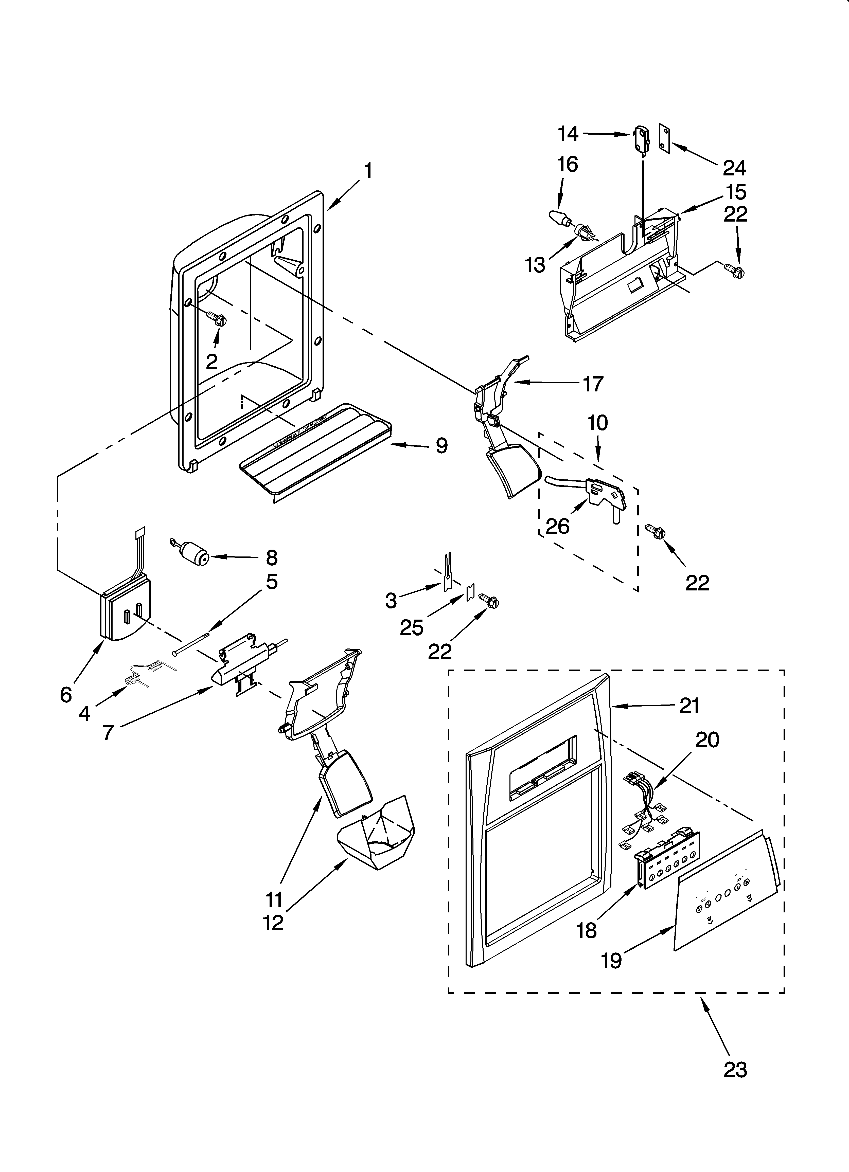 Whirlpool GD5RHAXTQ01 dispenser front parts diagram