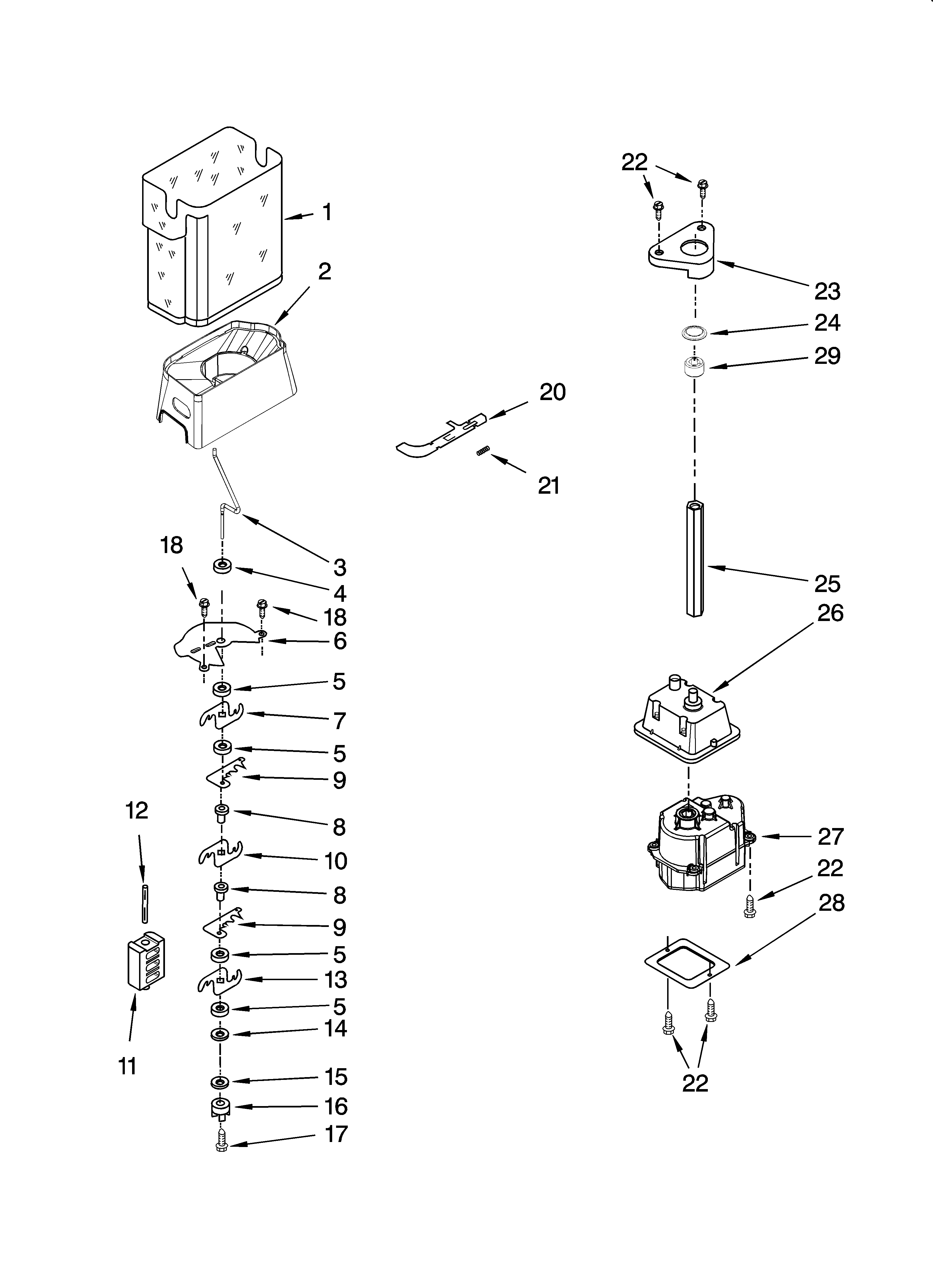 Whirlpool 7GS2FHAXTA00 motor and ice container parts diagram