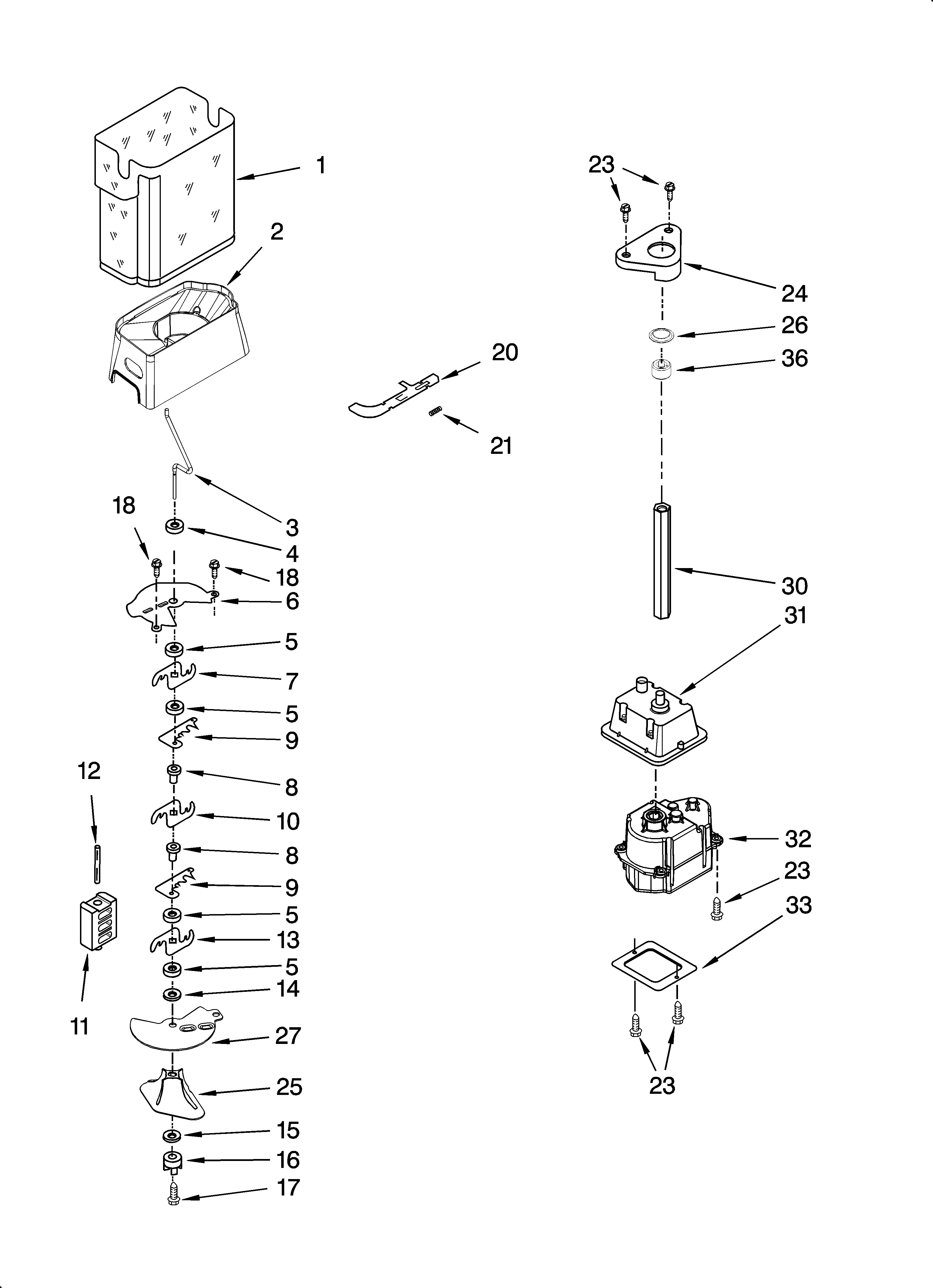 KitchenAid KSRG22FTST01 motor and ice container parts diagram