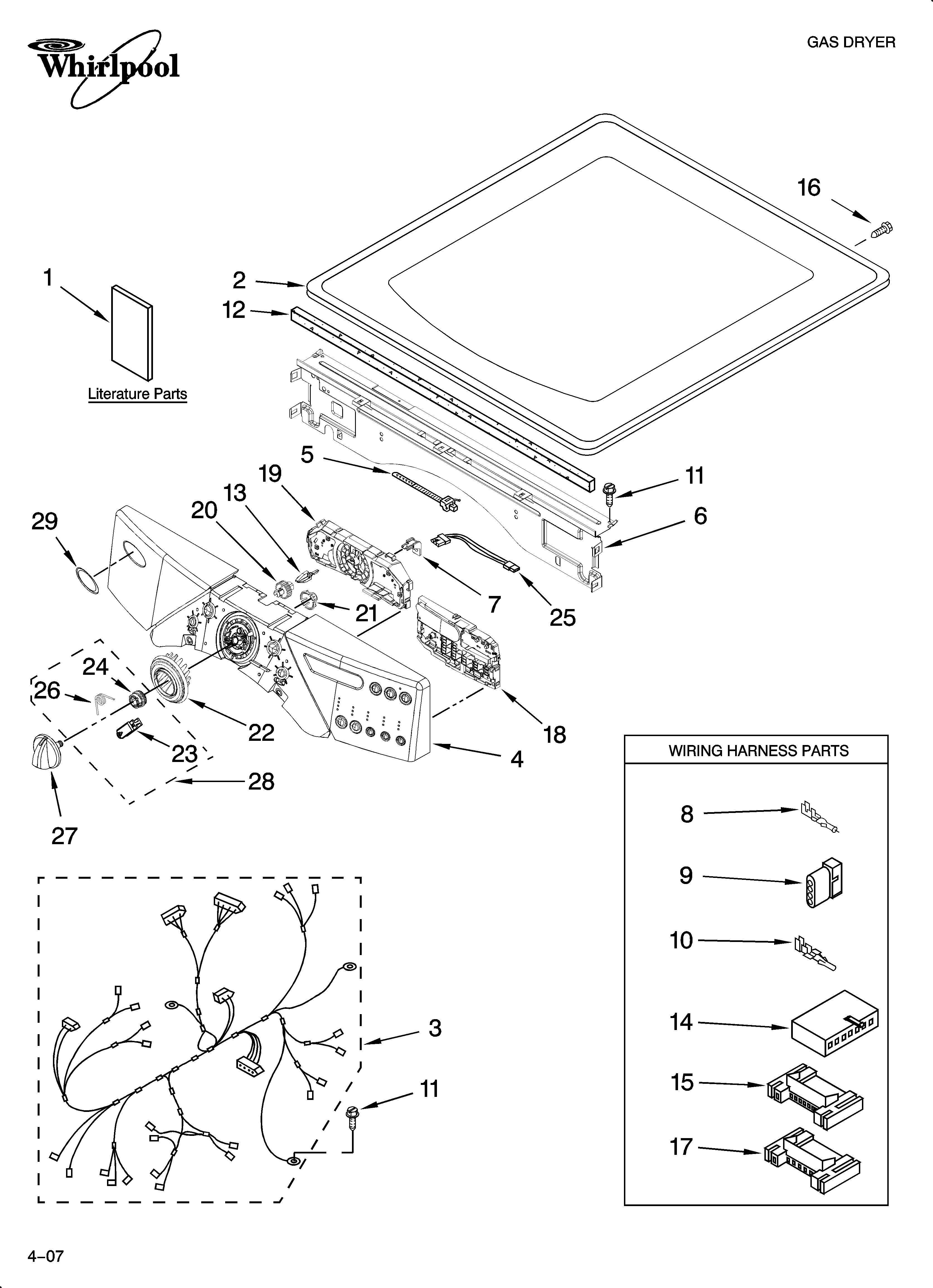 Whirlpool WGD9500TU0 top and console parts diagram