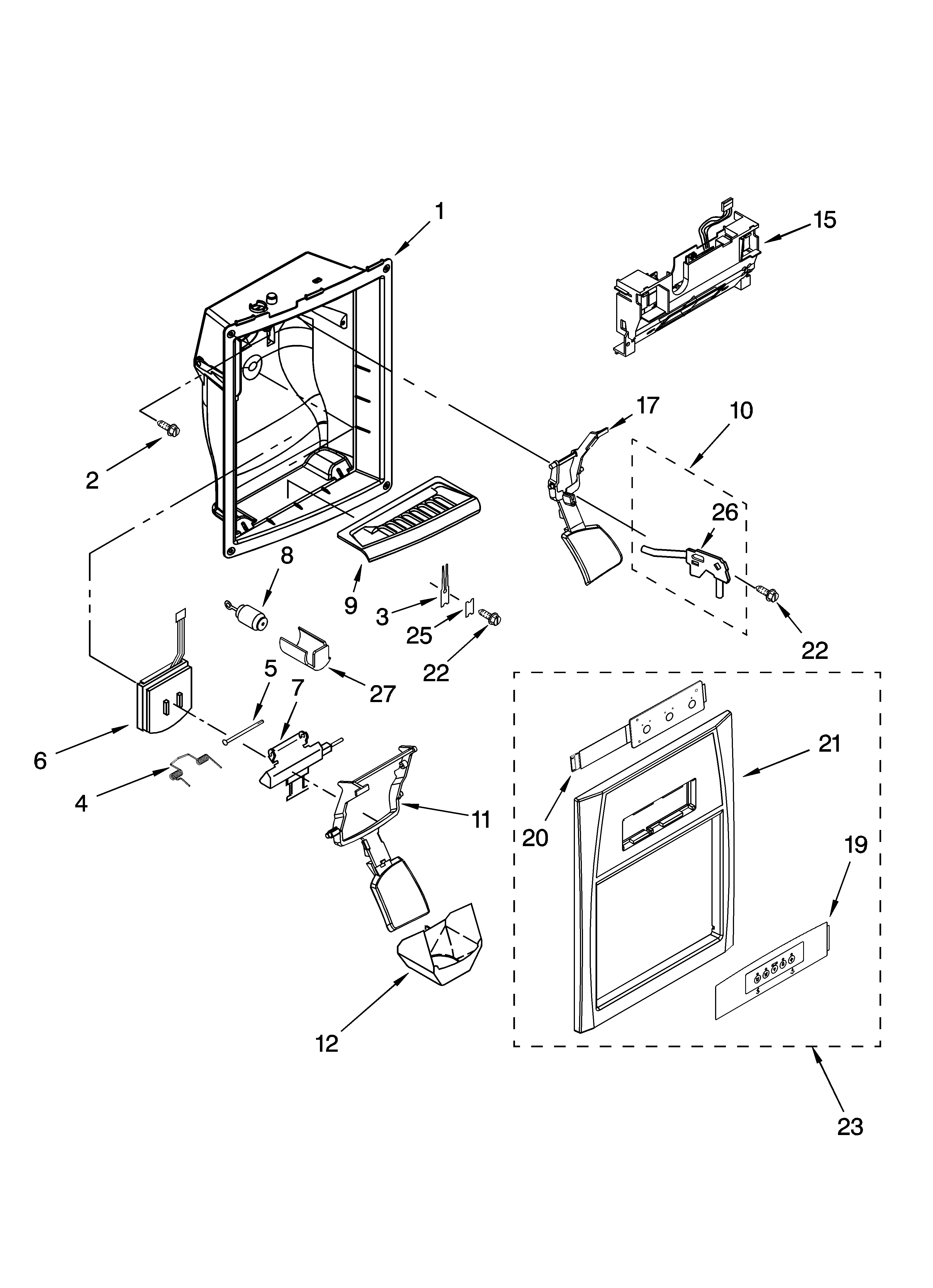Whirlpool ES5LHAXSA02 dispenser front parts diagram