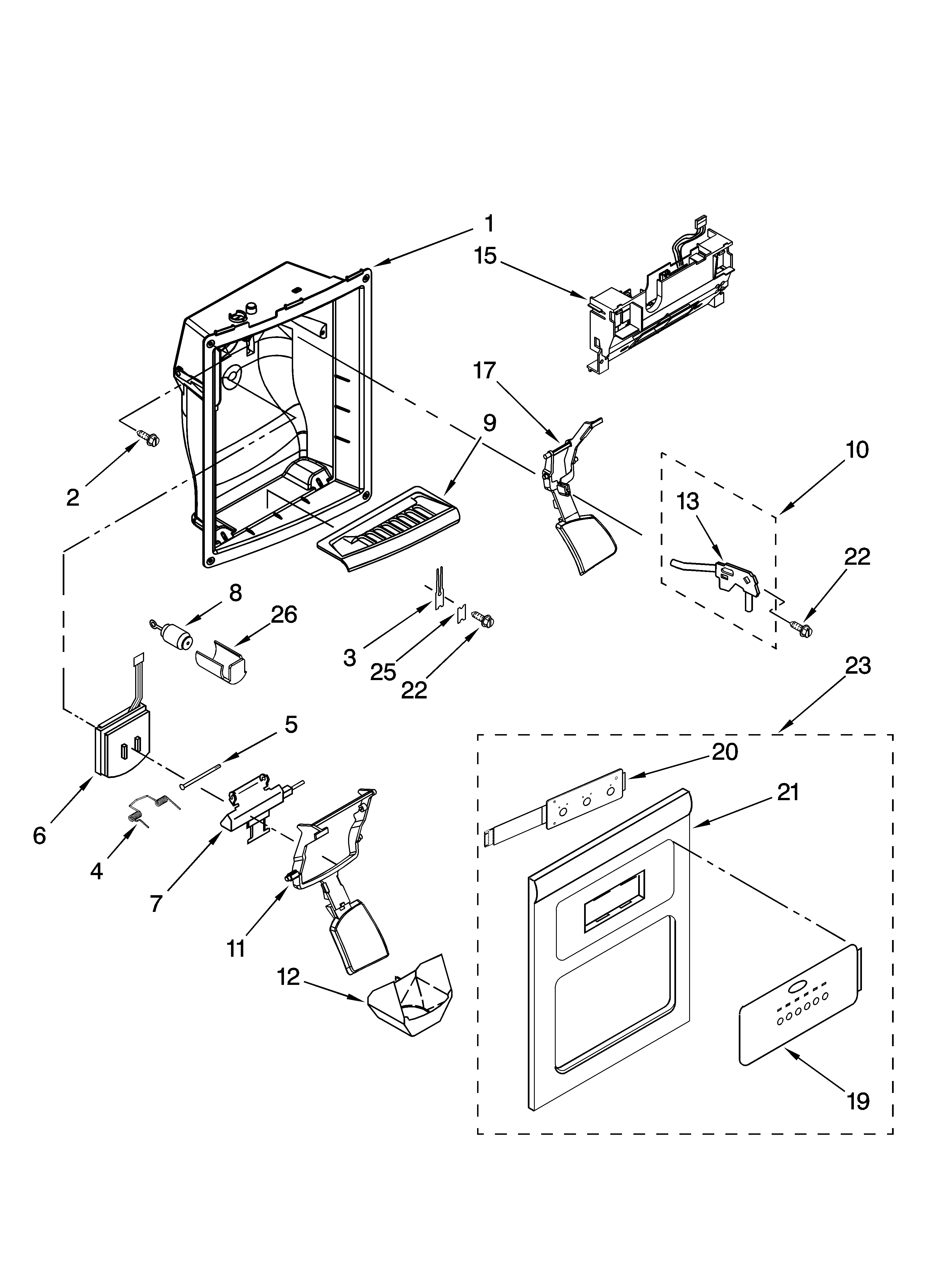 Whirlpool GS5SHAXTL01 dispenser front parts diagram
